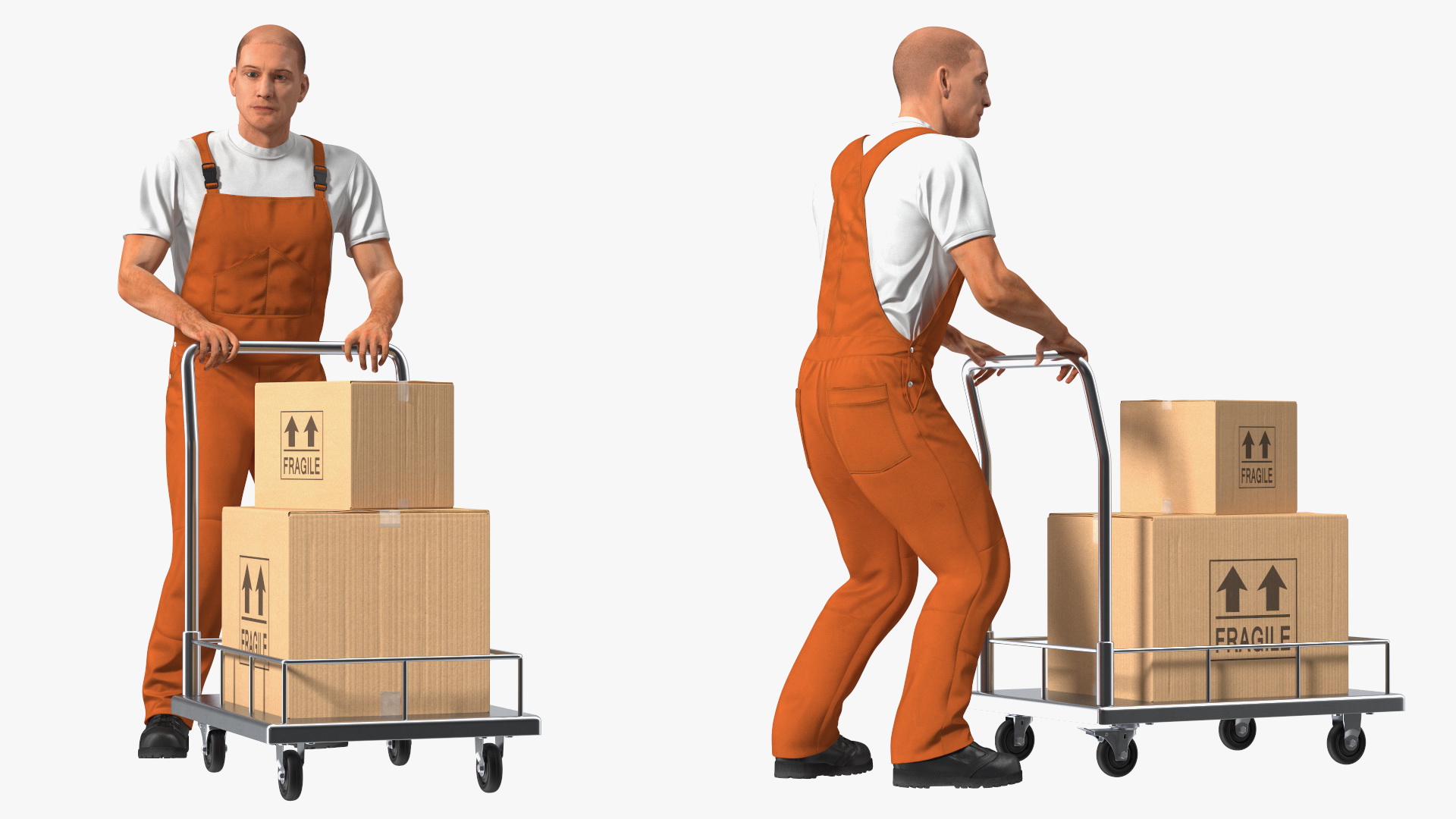 Worker with Trolley Low Platform Railing Cardboard Boxes Rigged Fur 3D