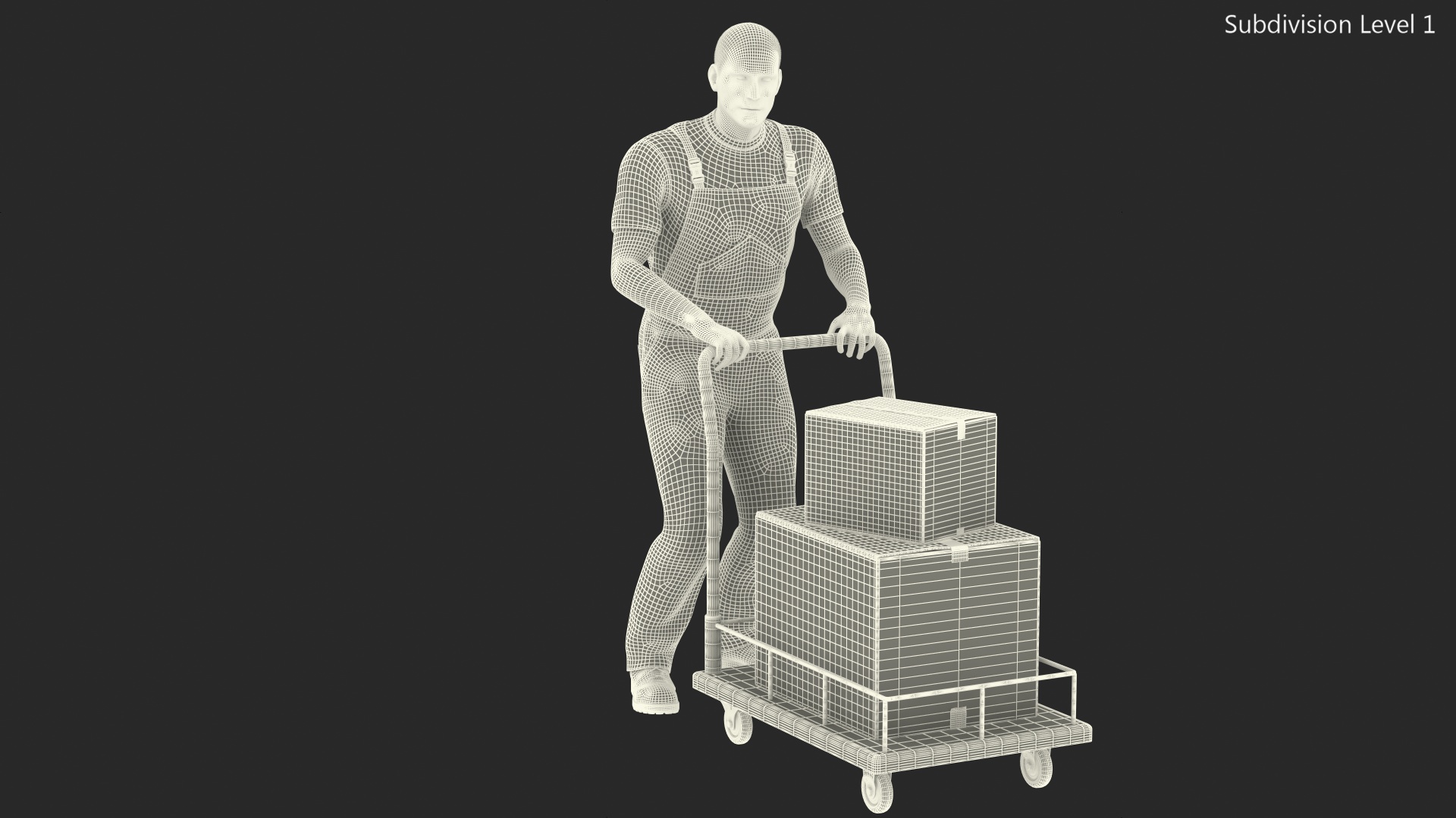 Worker with Trolley Low Platform Railing Cardboard Boxes Rigged Fur 3D