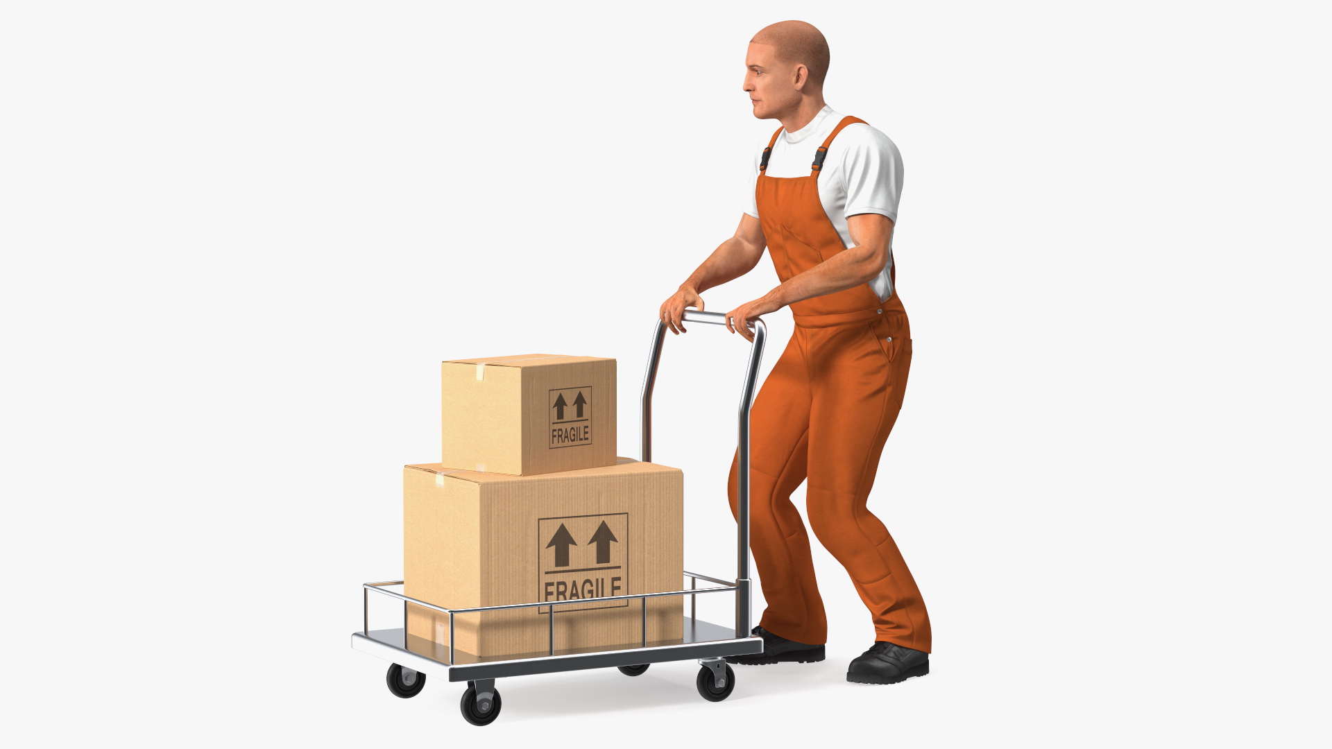 Worker with Trolley Low Platform Railing Cardboard Boxes Rigged Fur 3D
