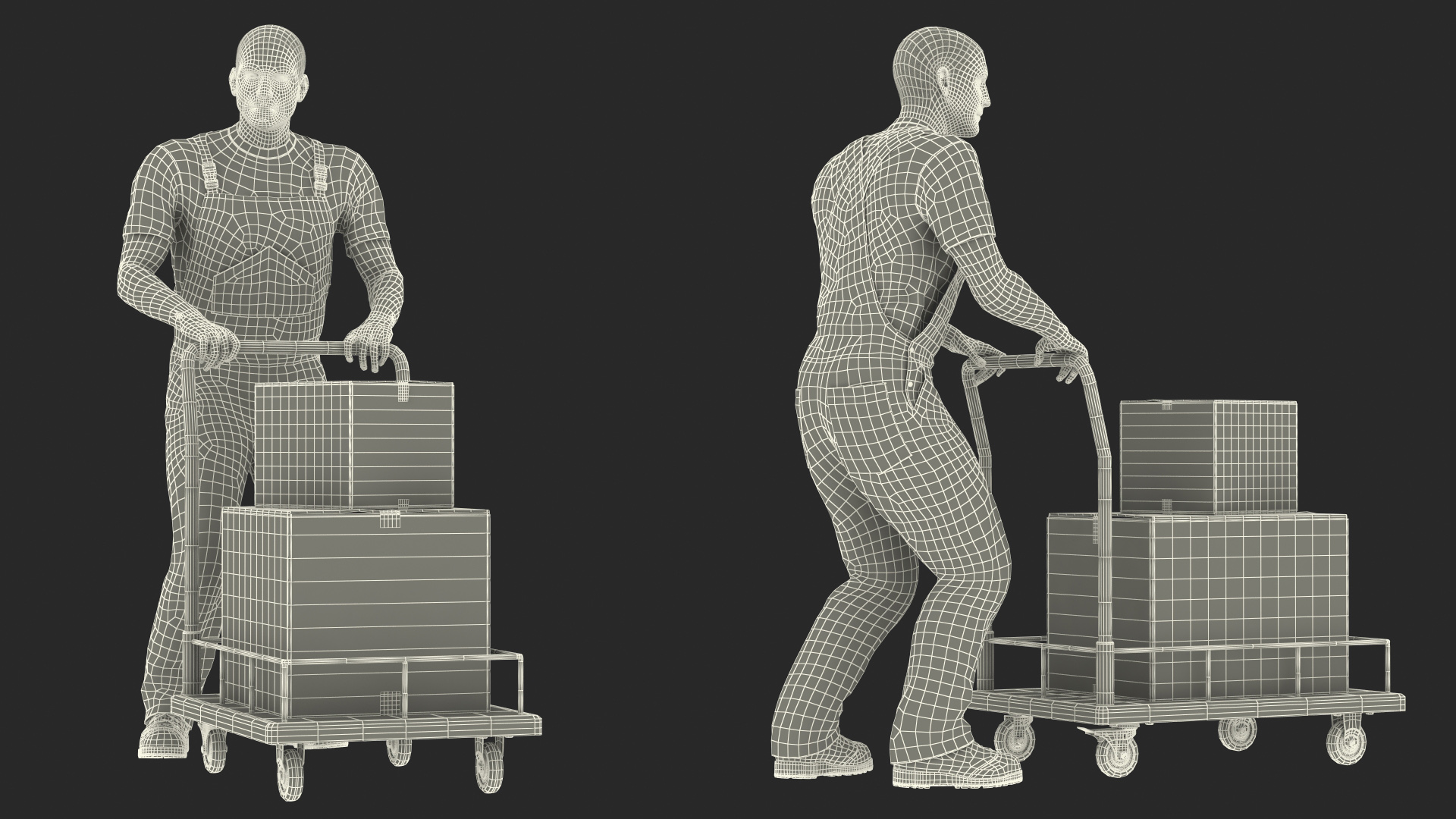 Worker with Trolley Low Platform Railing Cardboard Boxes Rigged Fur 3D