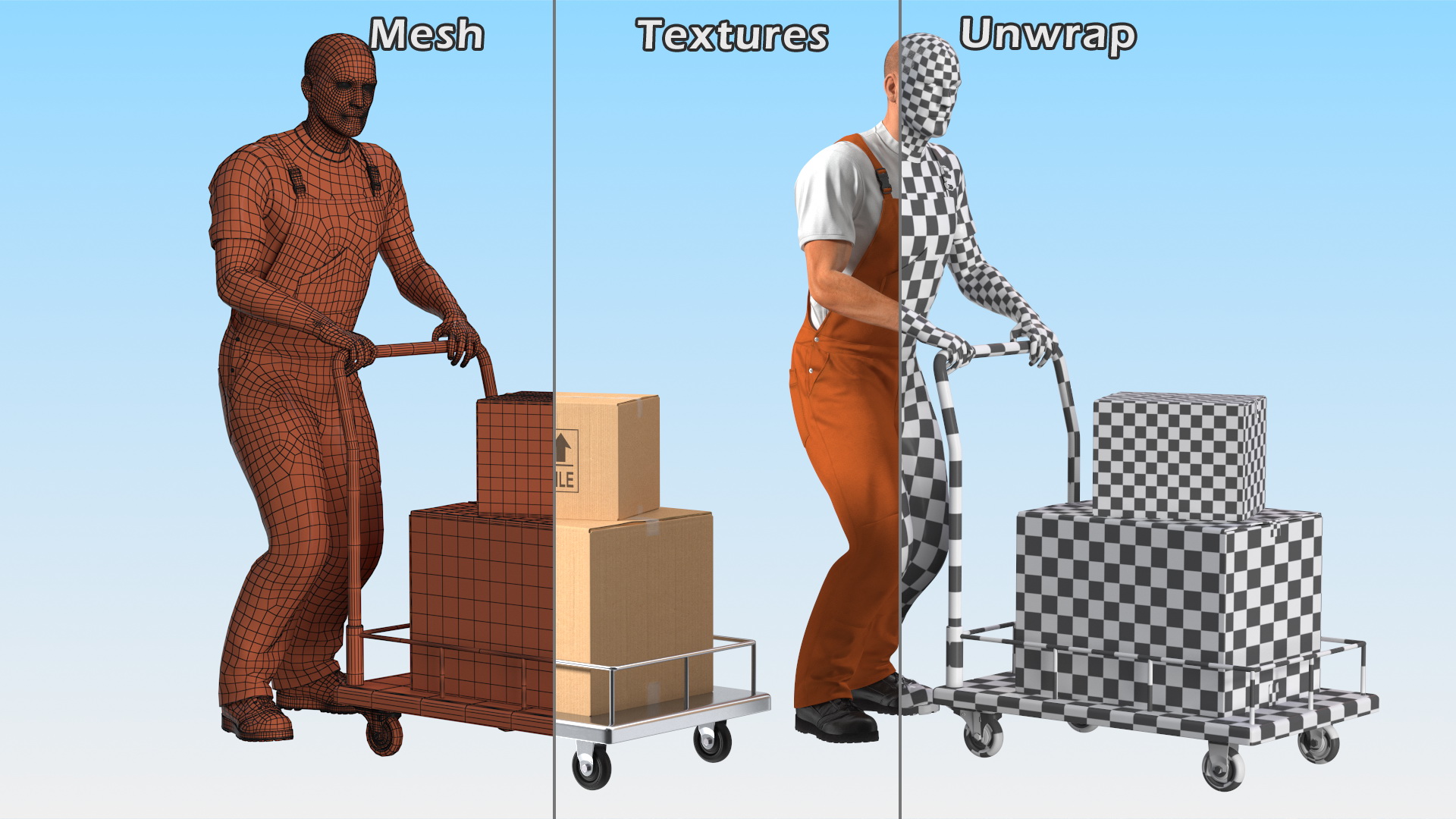Worker with Trolley Low Platform Railing Cardboard Boxes Rigged Fur 3D