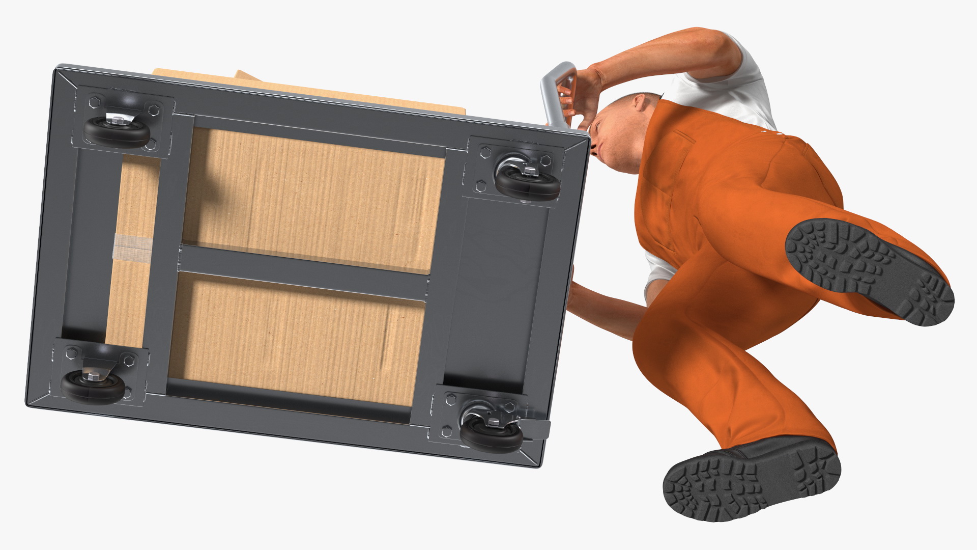 Worker with Trolley Low Platform Railing Cardboard Boxes Rigged Fur 3D