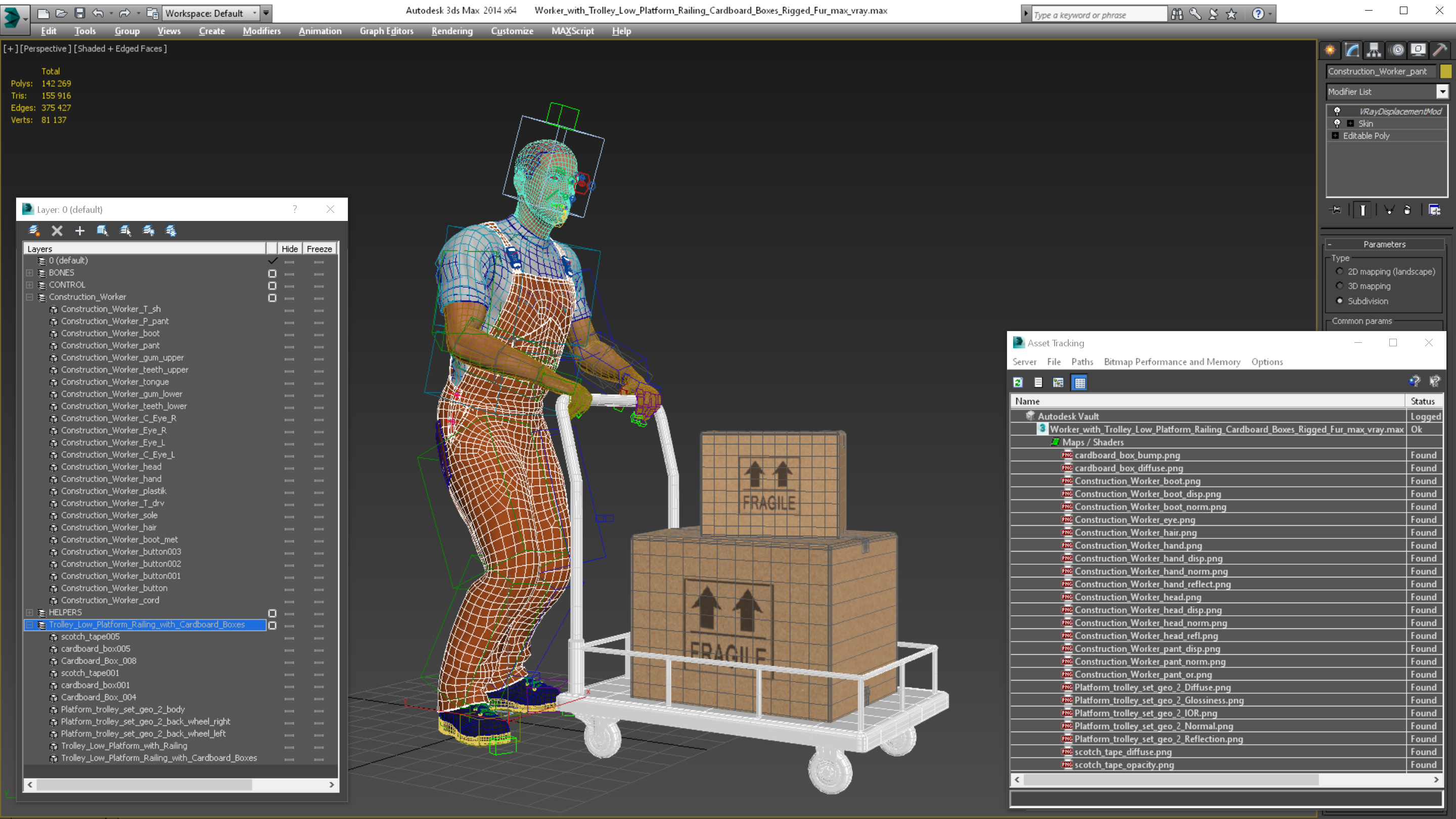Worker with Trolley Low Platform Railing Cardboard Boxes Rigged Fur 3D