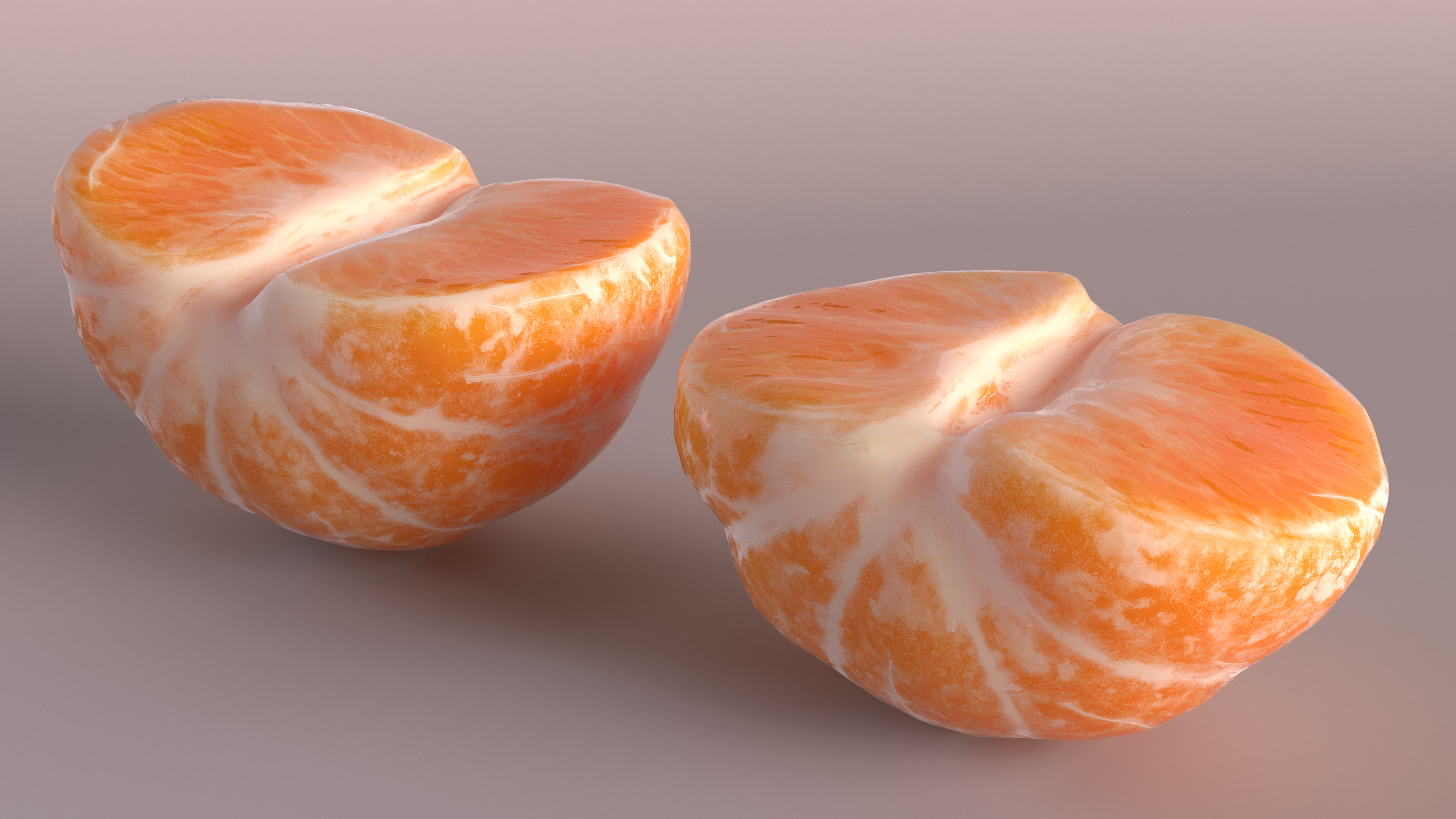 3D Peeled Mandarin Fruit Split in Two Halves