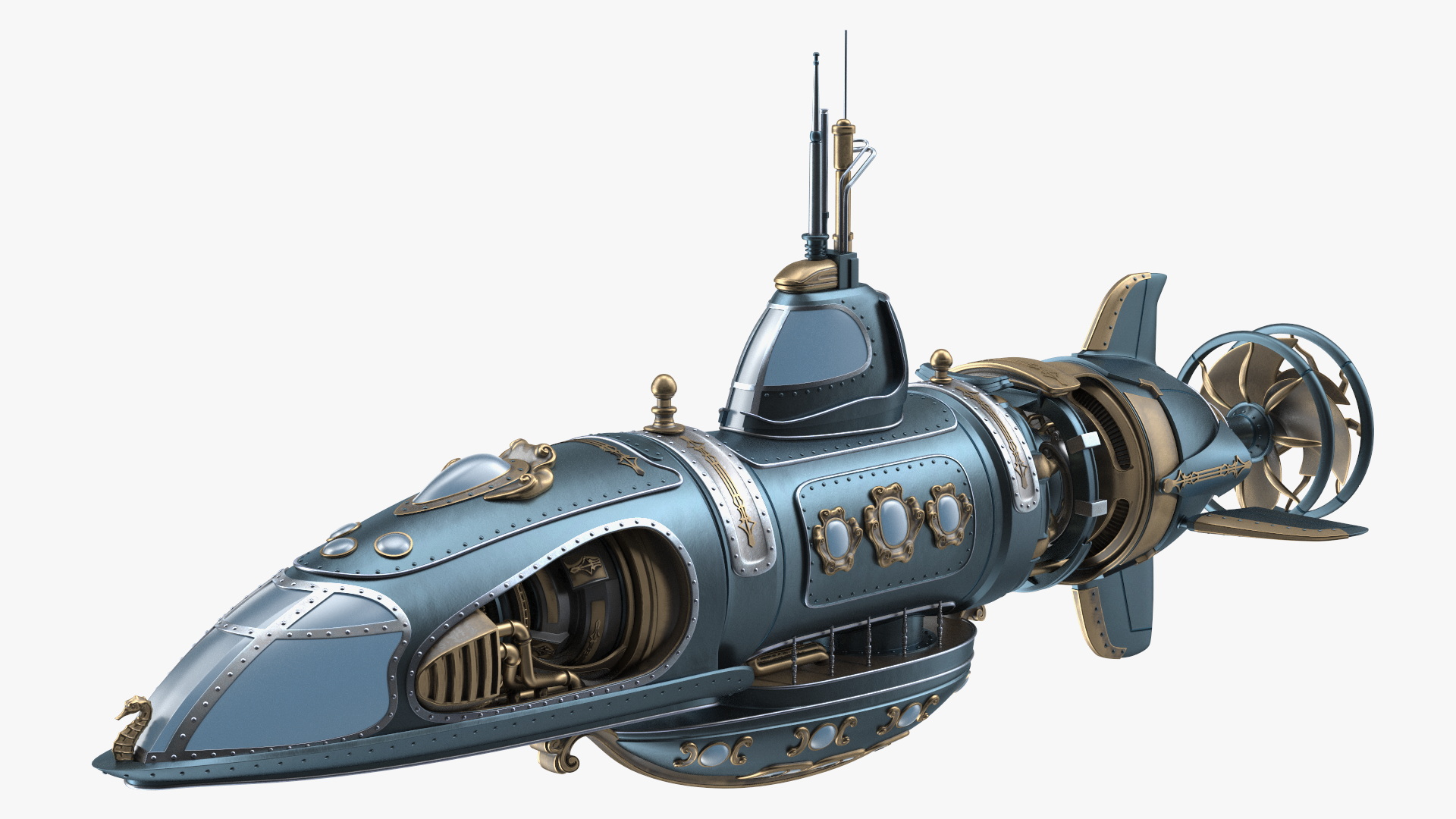 Steampunk Submarine Blue 3D model