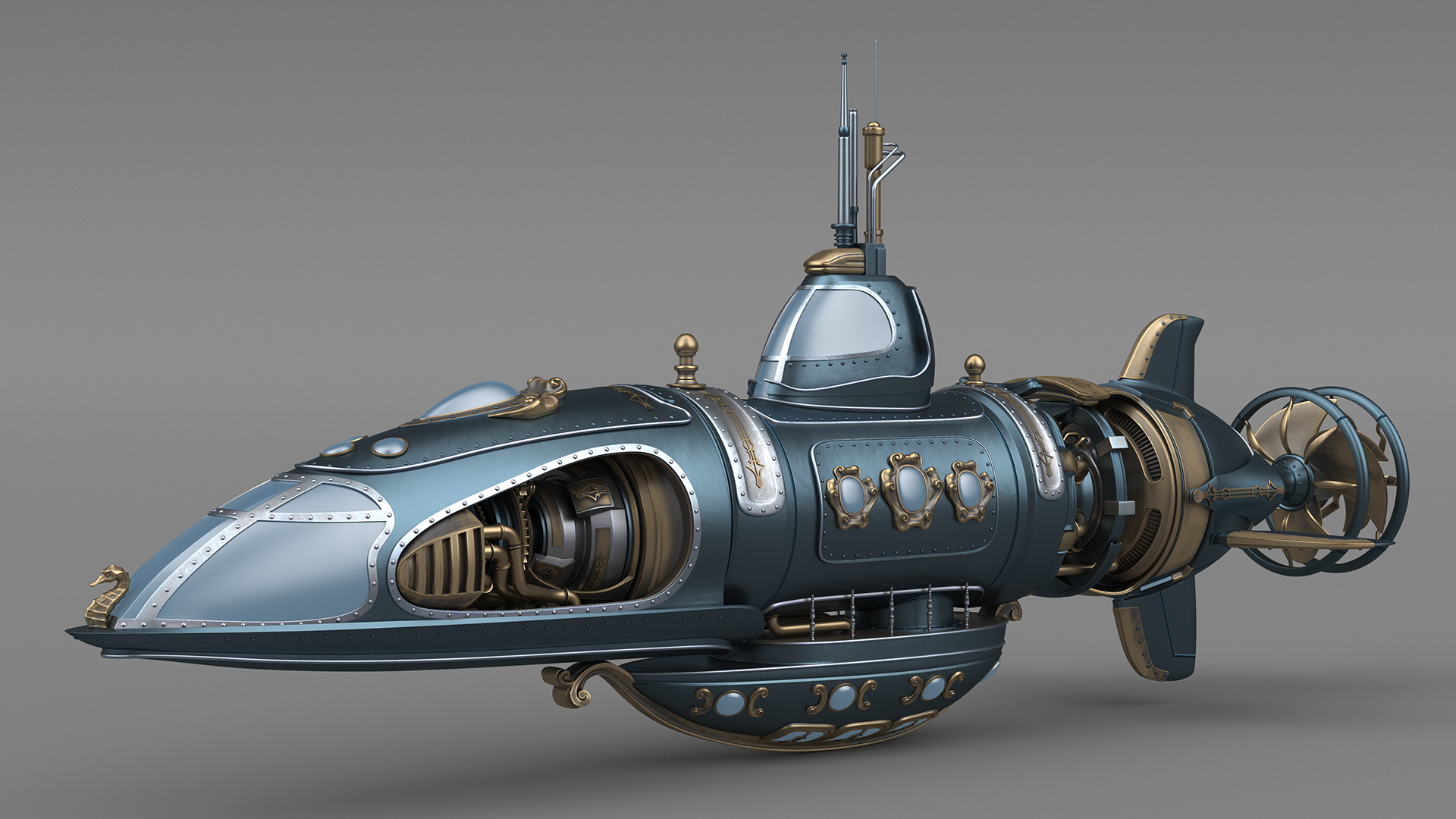 Steampunk Submarine Blue 3D model