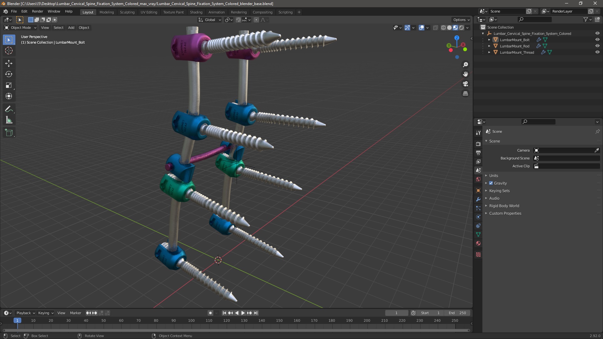 3D model Lumbar Cervical Spine Fixation System Colored