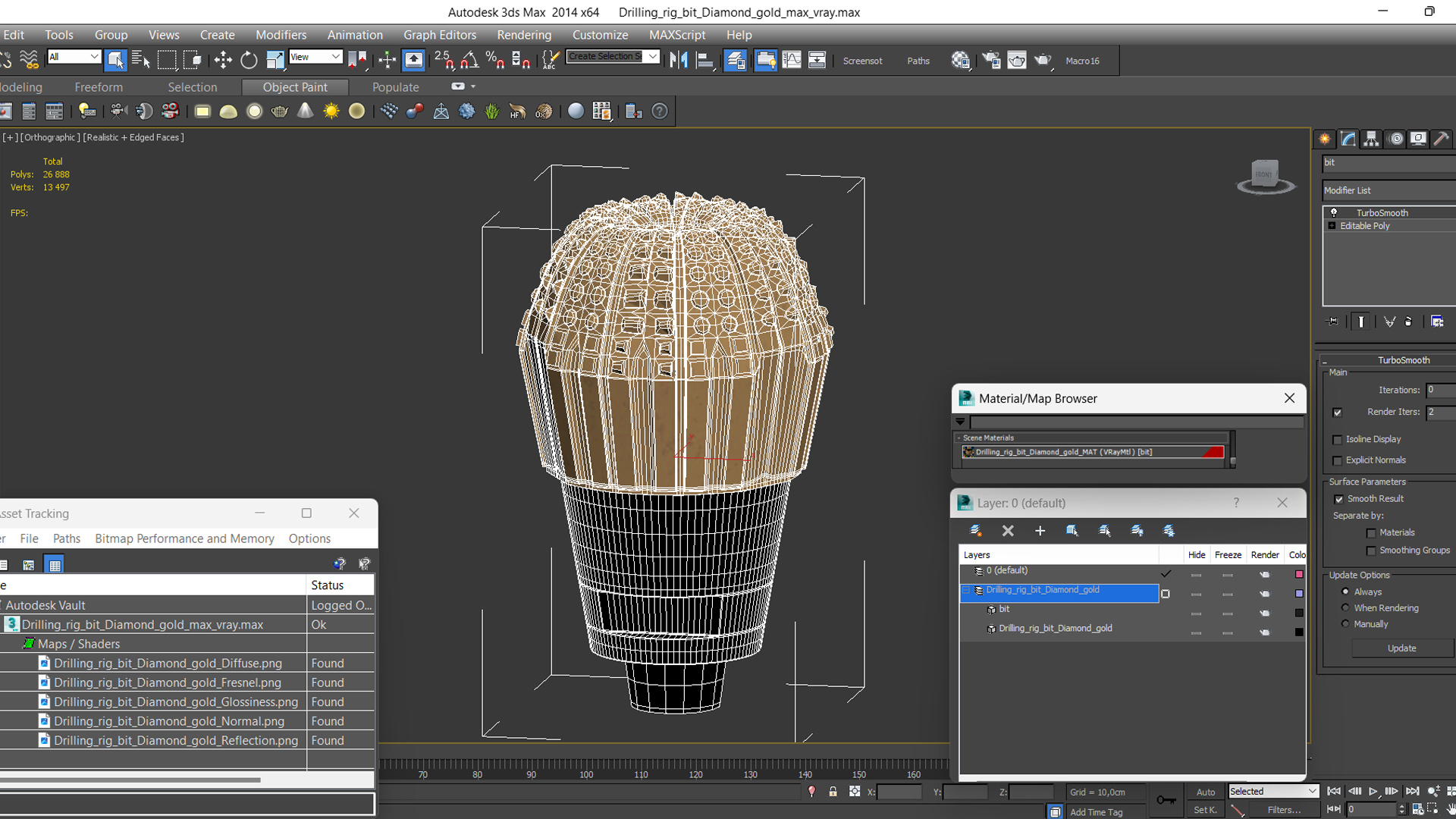 Drilling Rig Bit Diamond Gold 3D model