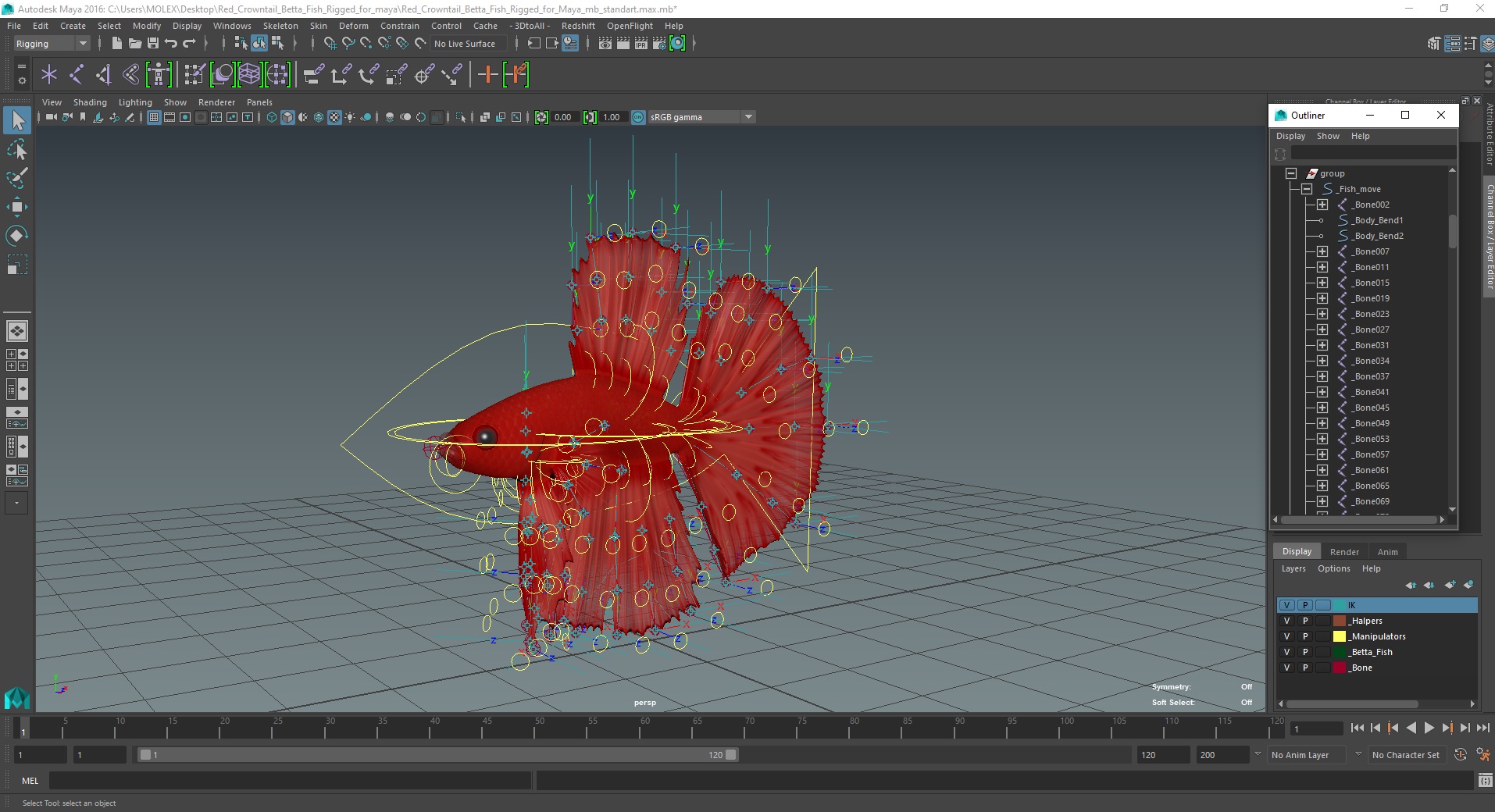 3D model Red Crowntail Betta Fish Rigged for Maya