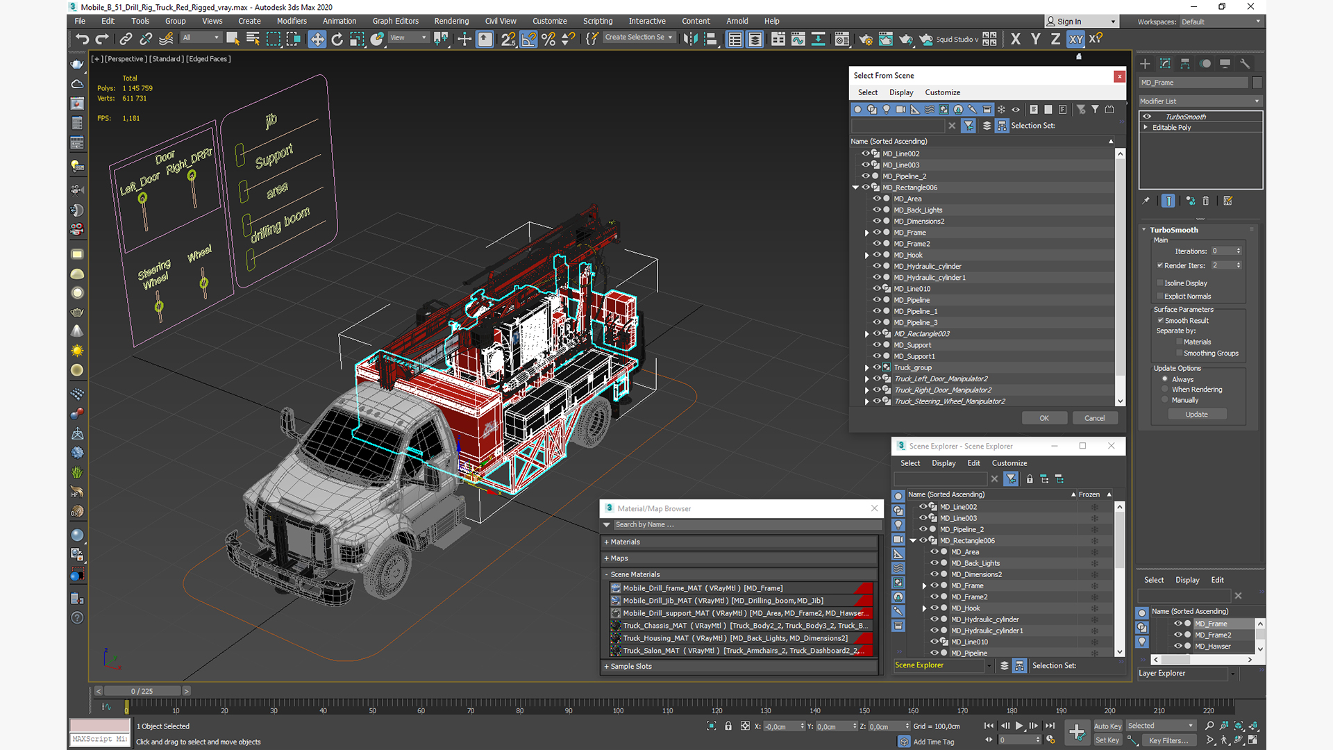 3D Mobile B-51 Drill Rig Truck Red Rigged model