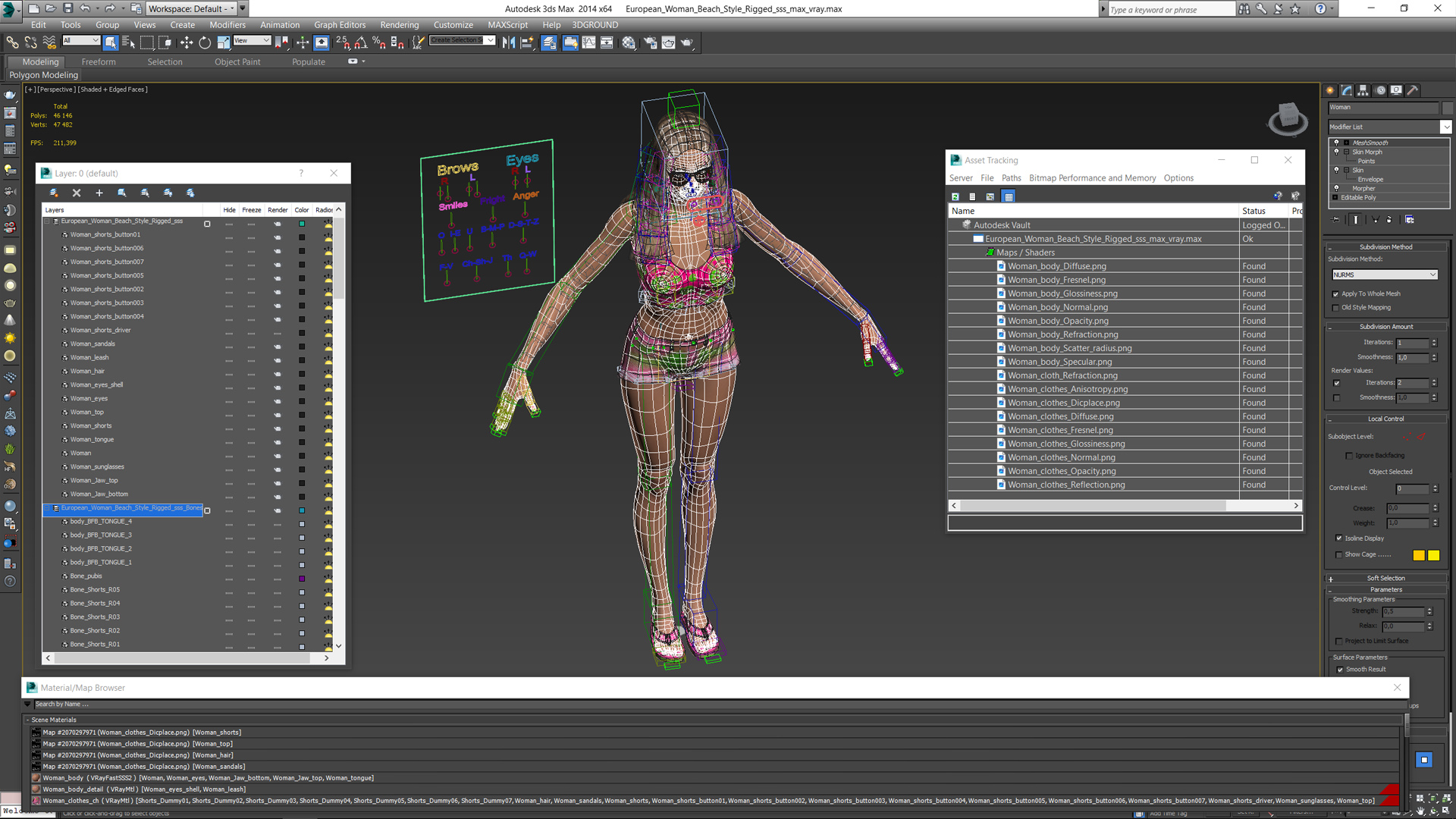 European Woman Beach Style Rigged for Maya 3D