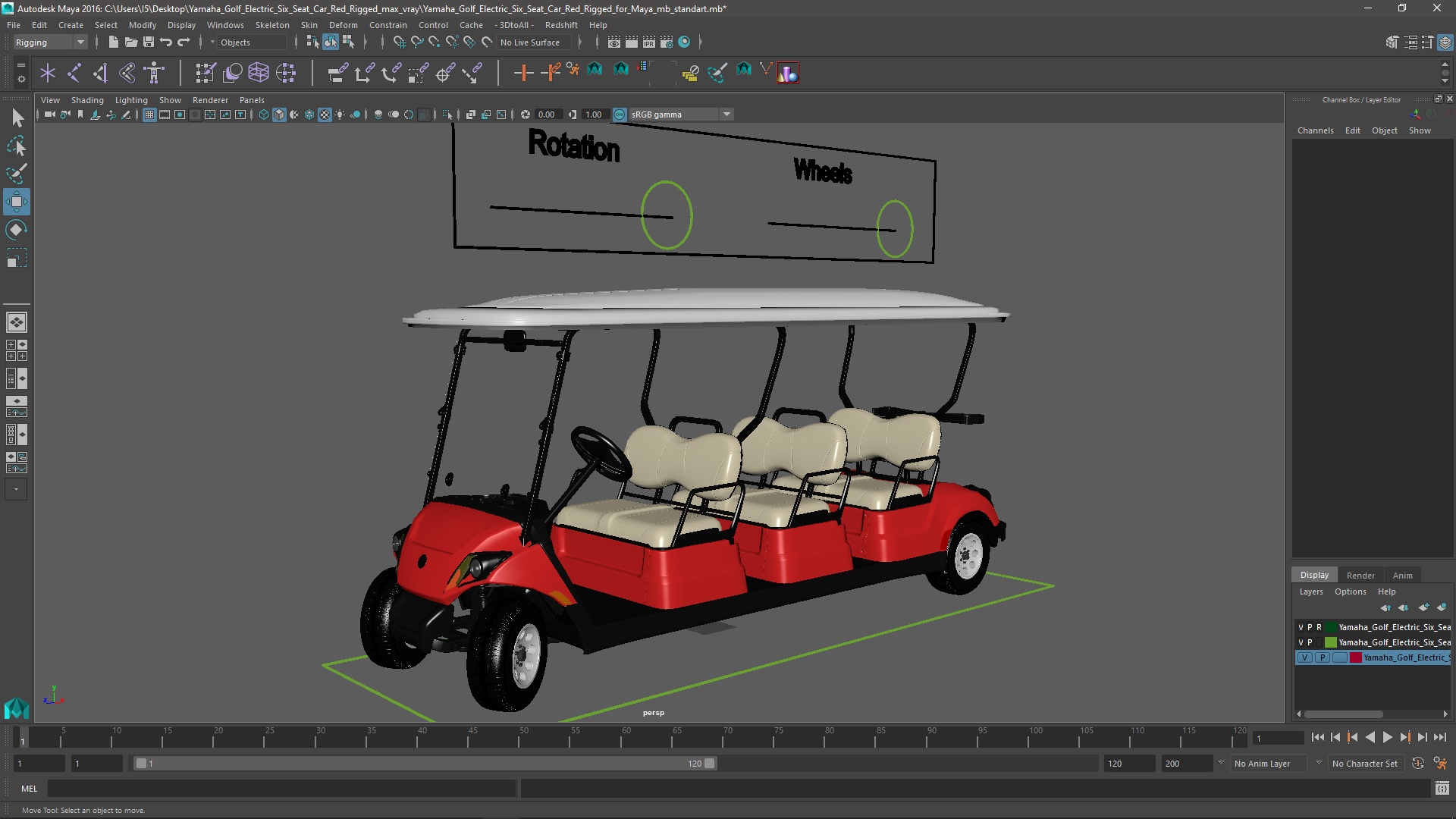 3D Yamaha Golf Electric Six Seat Car Red Rigged for Maya model