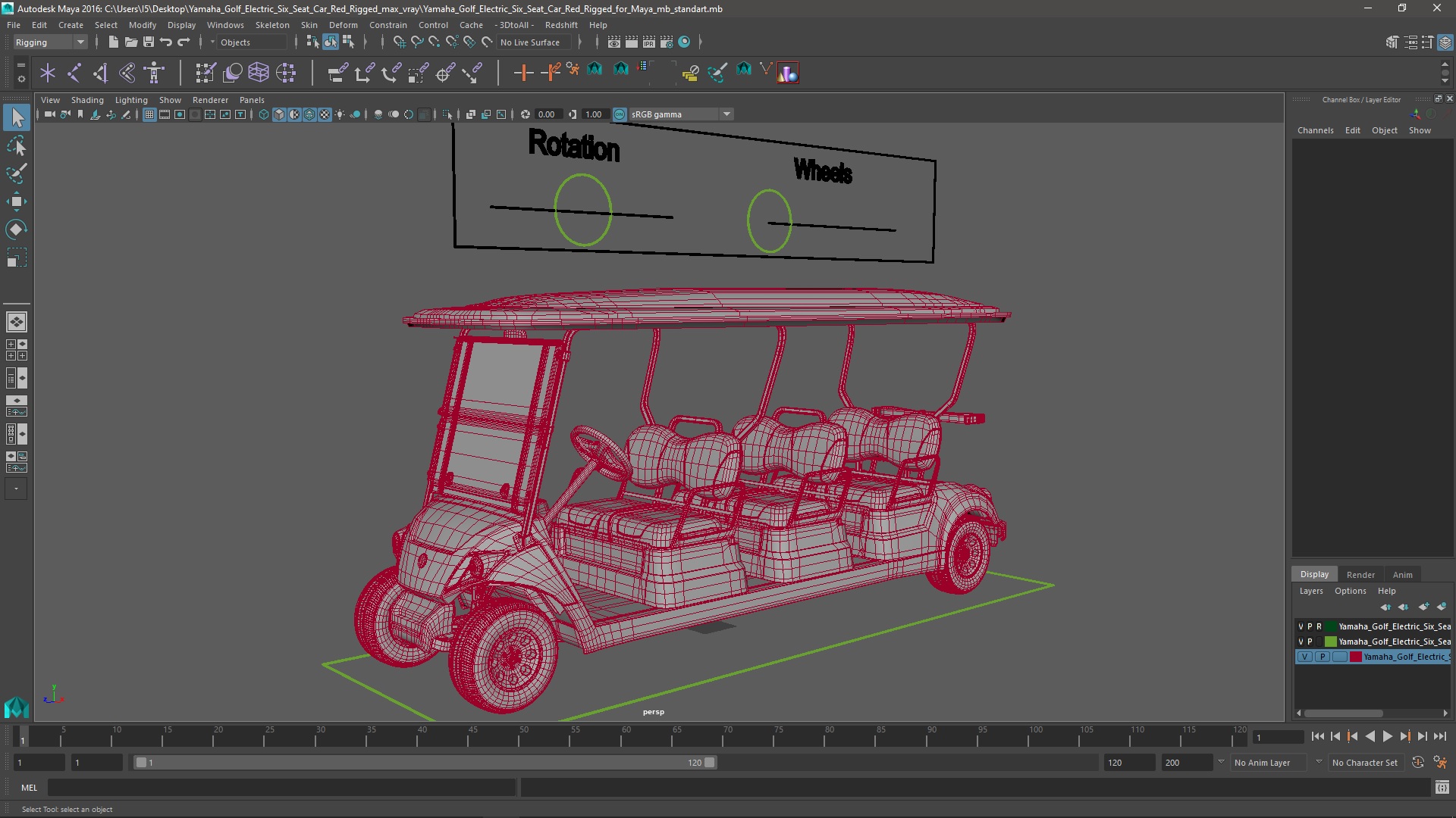 3D Yamaha Golf Electric Six Seat Car Red Rigged for Maya model
