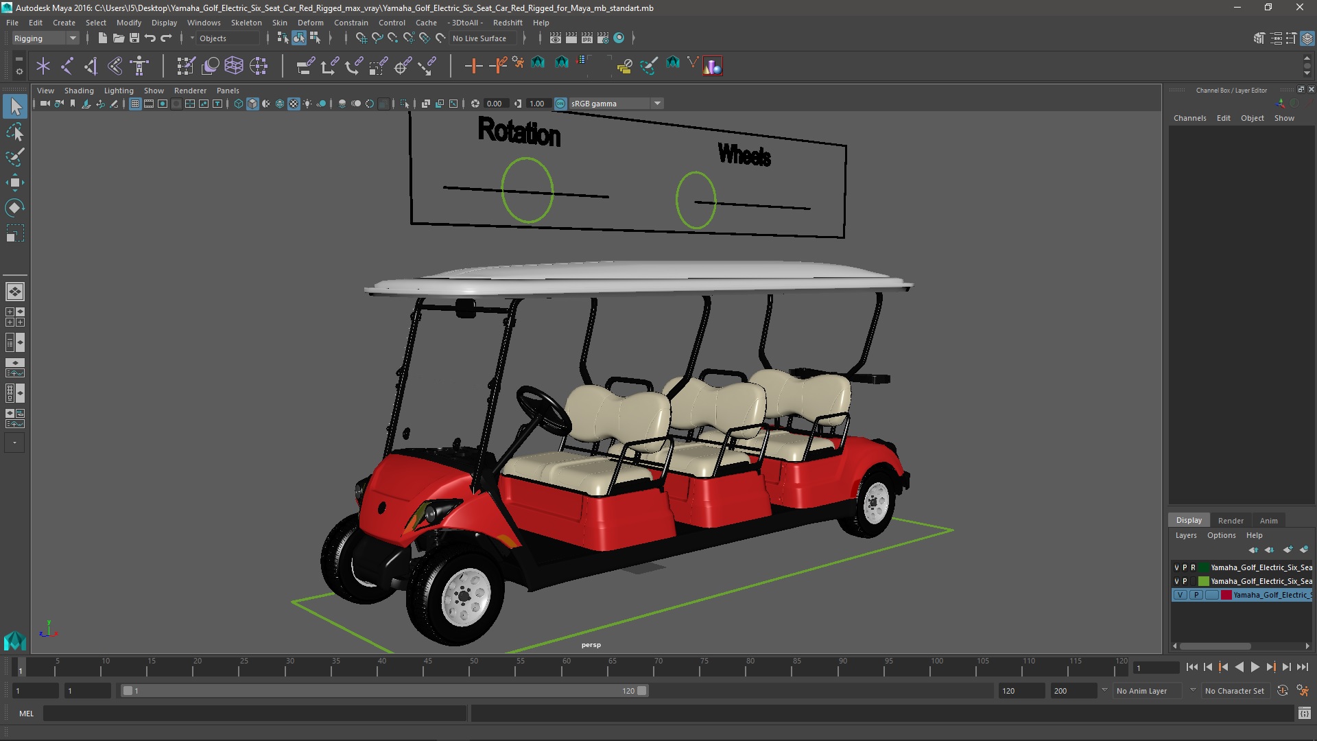 3D Yamaha Golf Electric Six Seat Car Red Rigged for Maya model