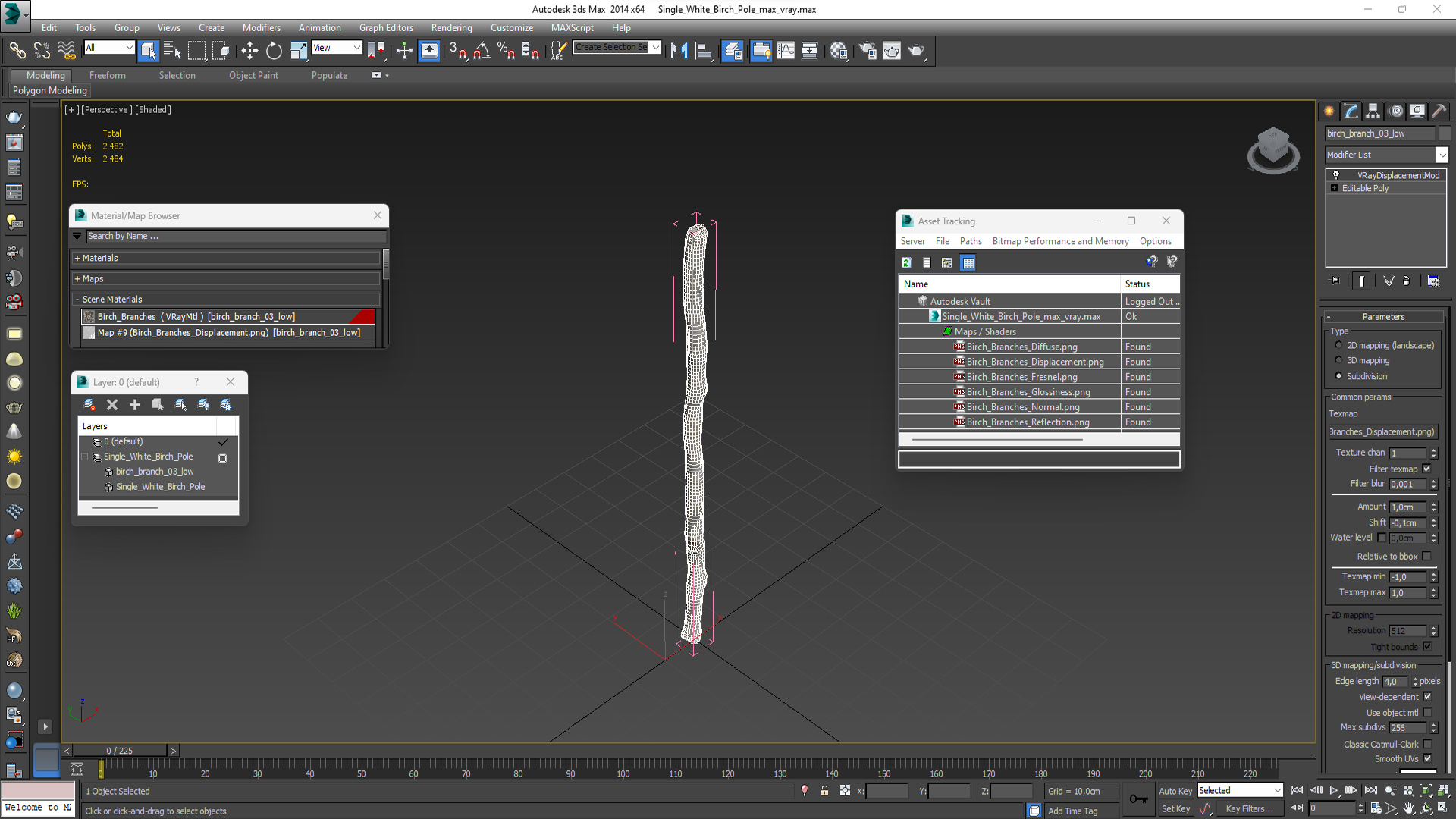 3D Single White Birch Pole model