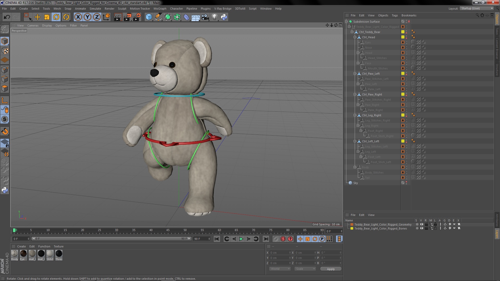 3D Teddy Bear Light Color Rigged for Cinema 4D model