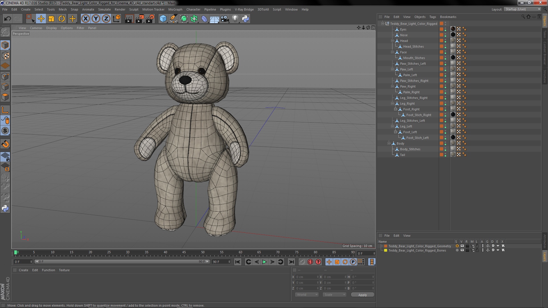3D Teddy Bear Light Color Rigged for Cinema 4D model