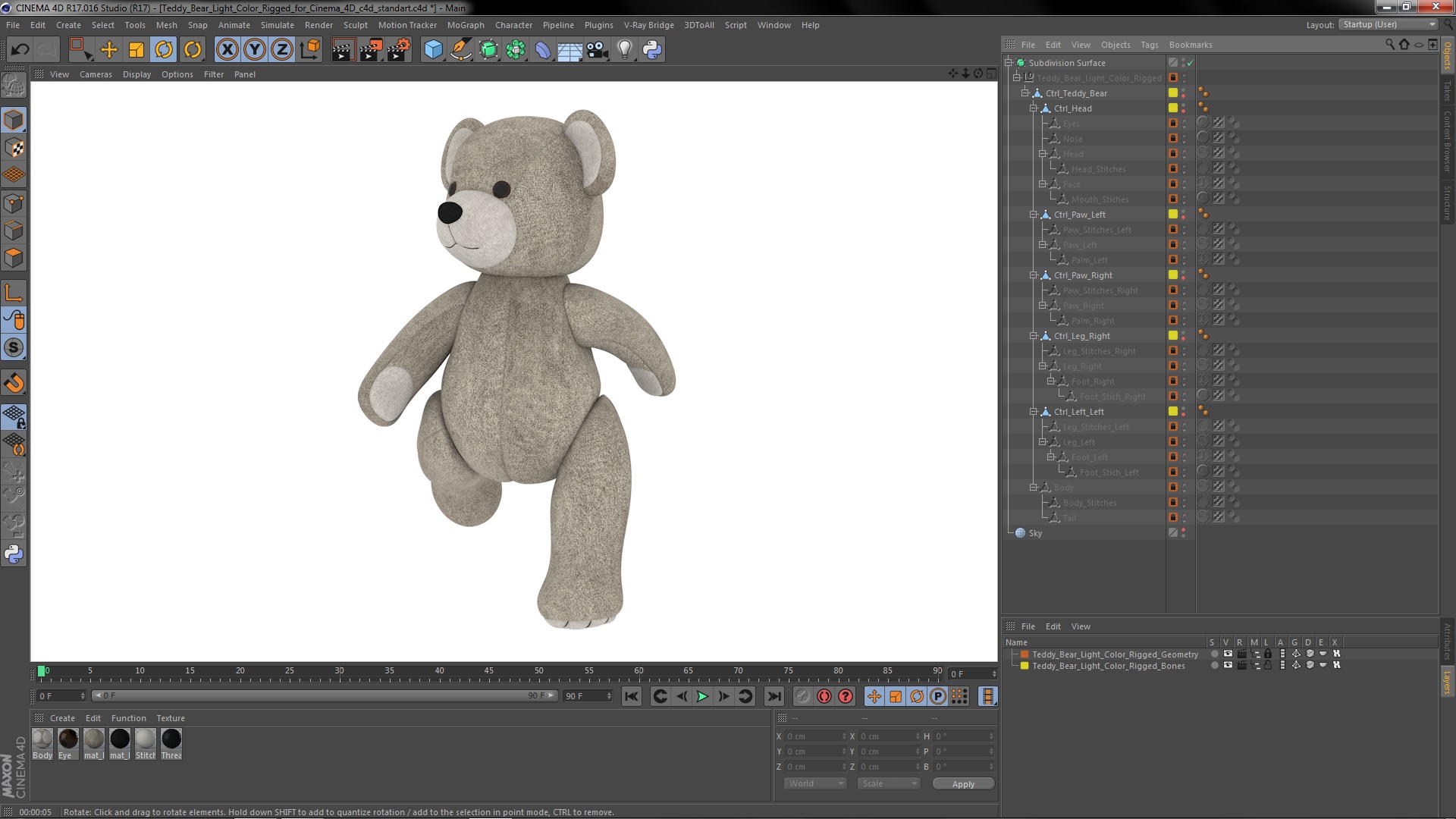 3D Teddy Bear Light Color Rigged for Cinema 4D model