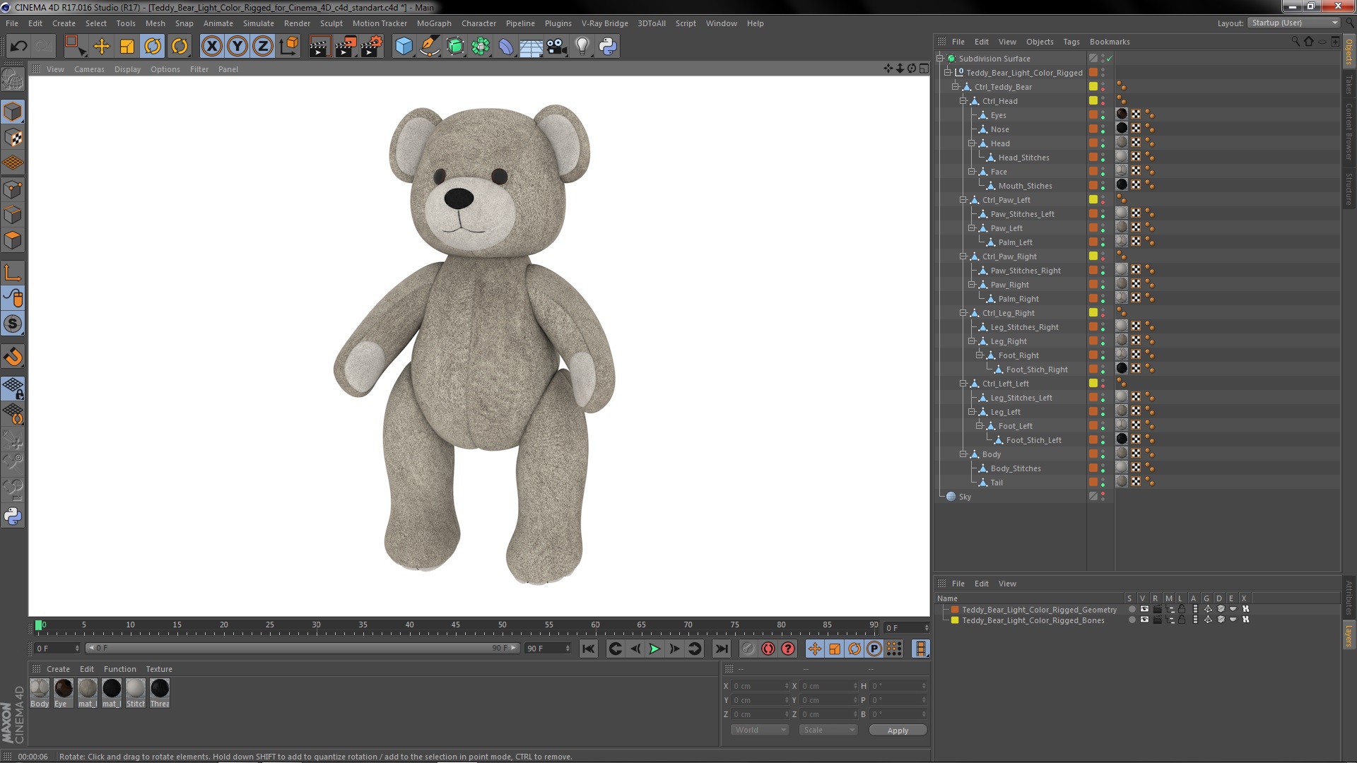 3D Teddy Bear Light Color Rigged for Cinema 4D model