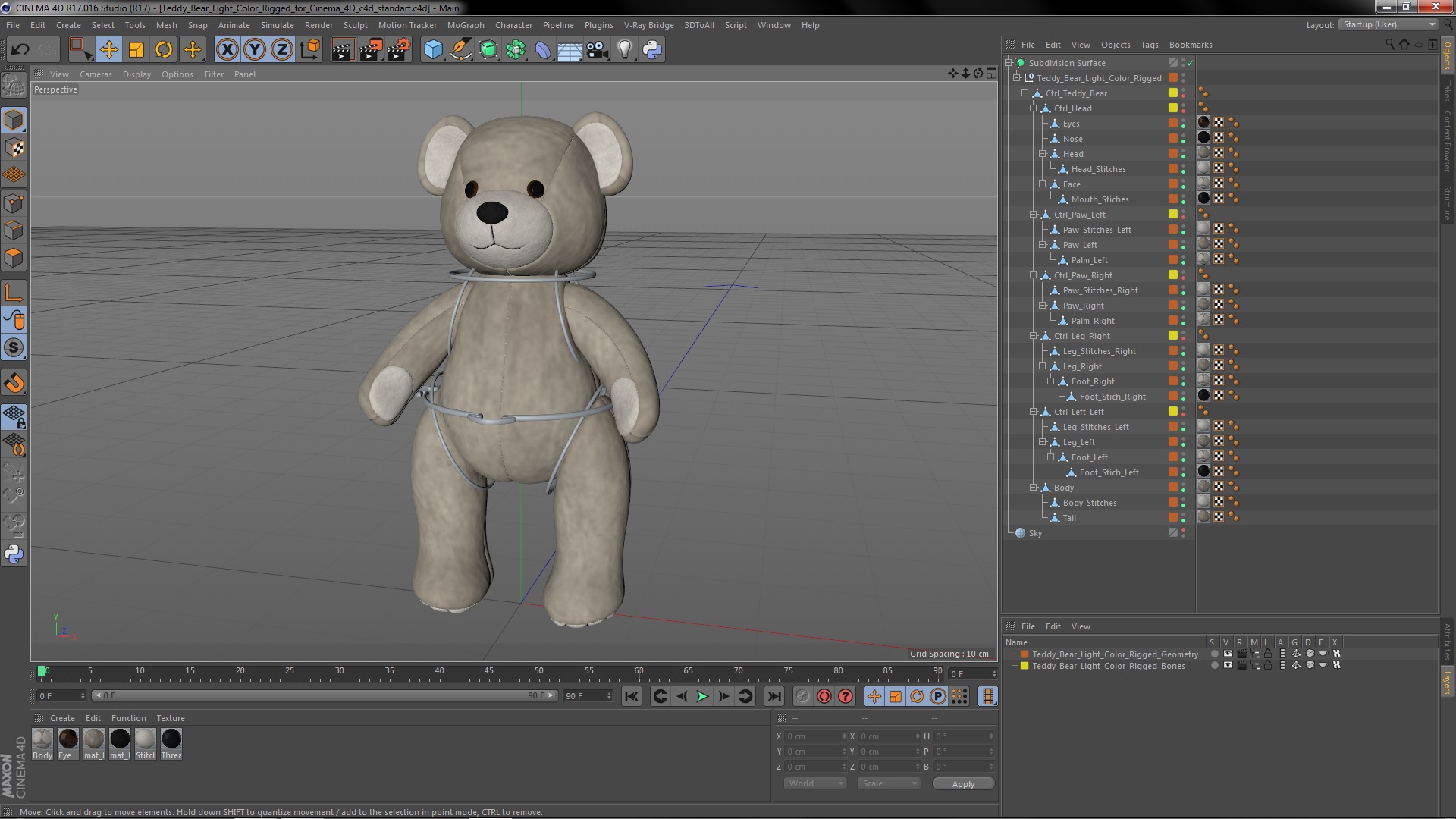 3D Teddy Bear Light Color Rigged for Cinema 4D model