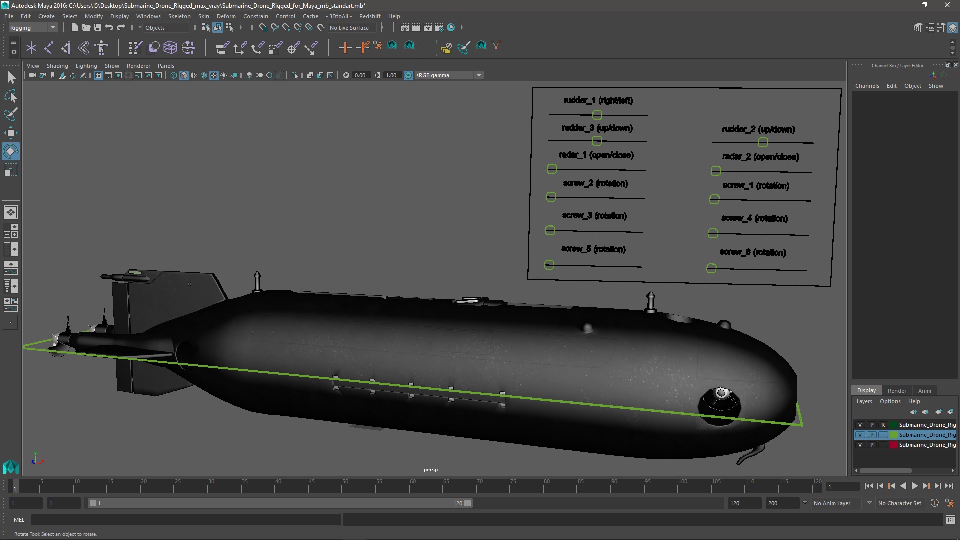 3D Submarine Drone Rigged for Maya