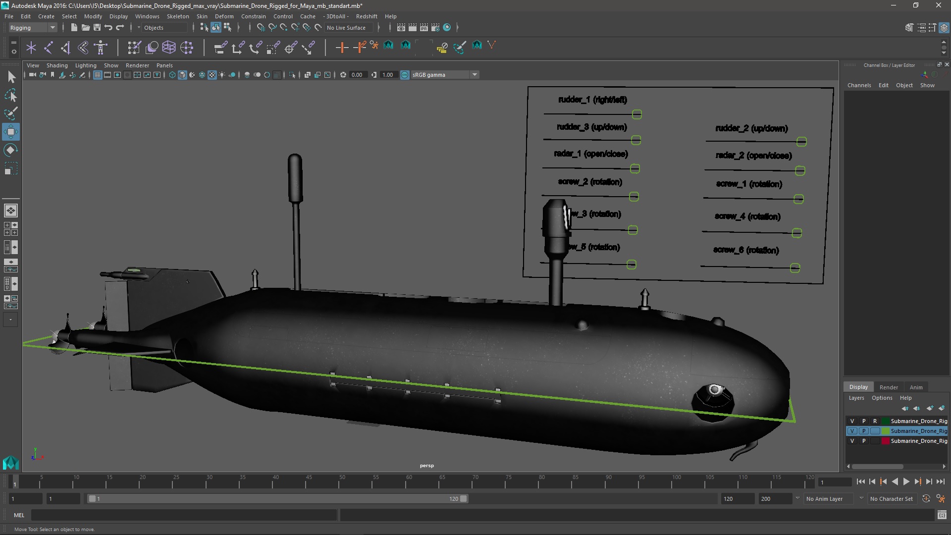 3D Submarine Drone Rigged for Maya