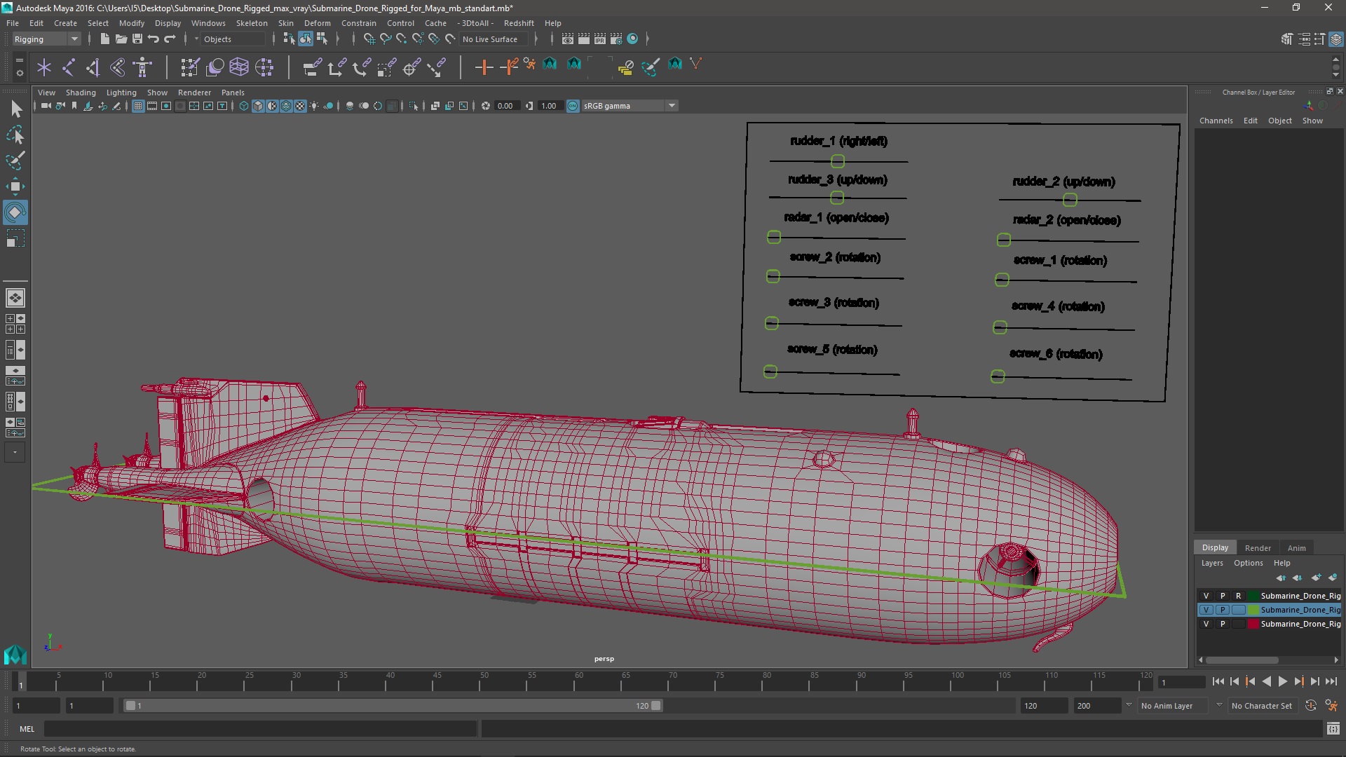 3D Submarine Drone Rigged for Maya