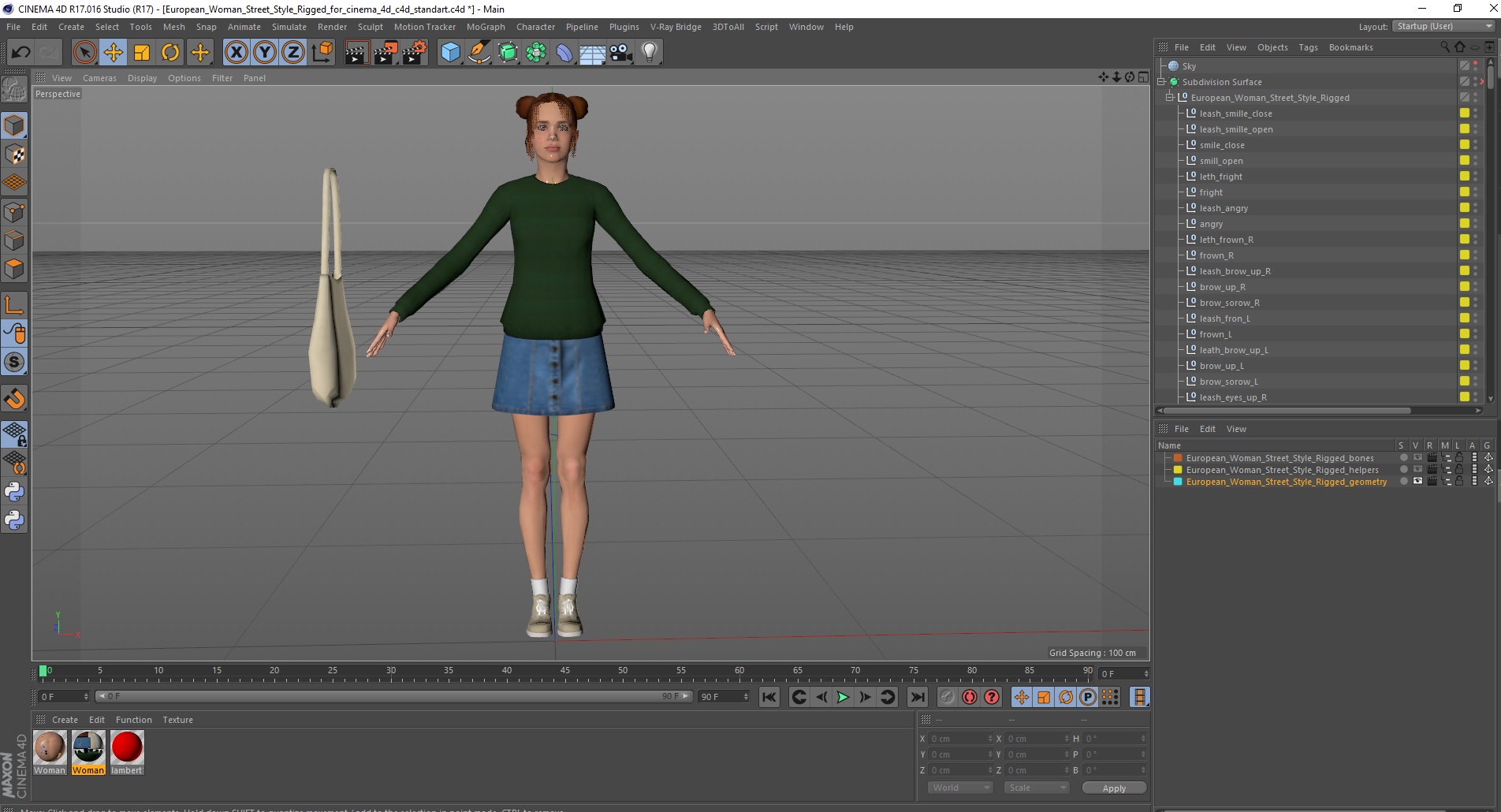 3D European Woman Street Style Rigged for Cinema 4D model