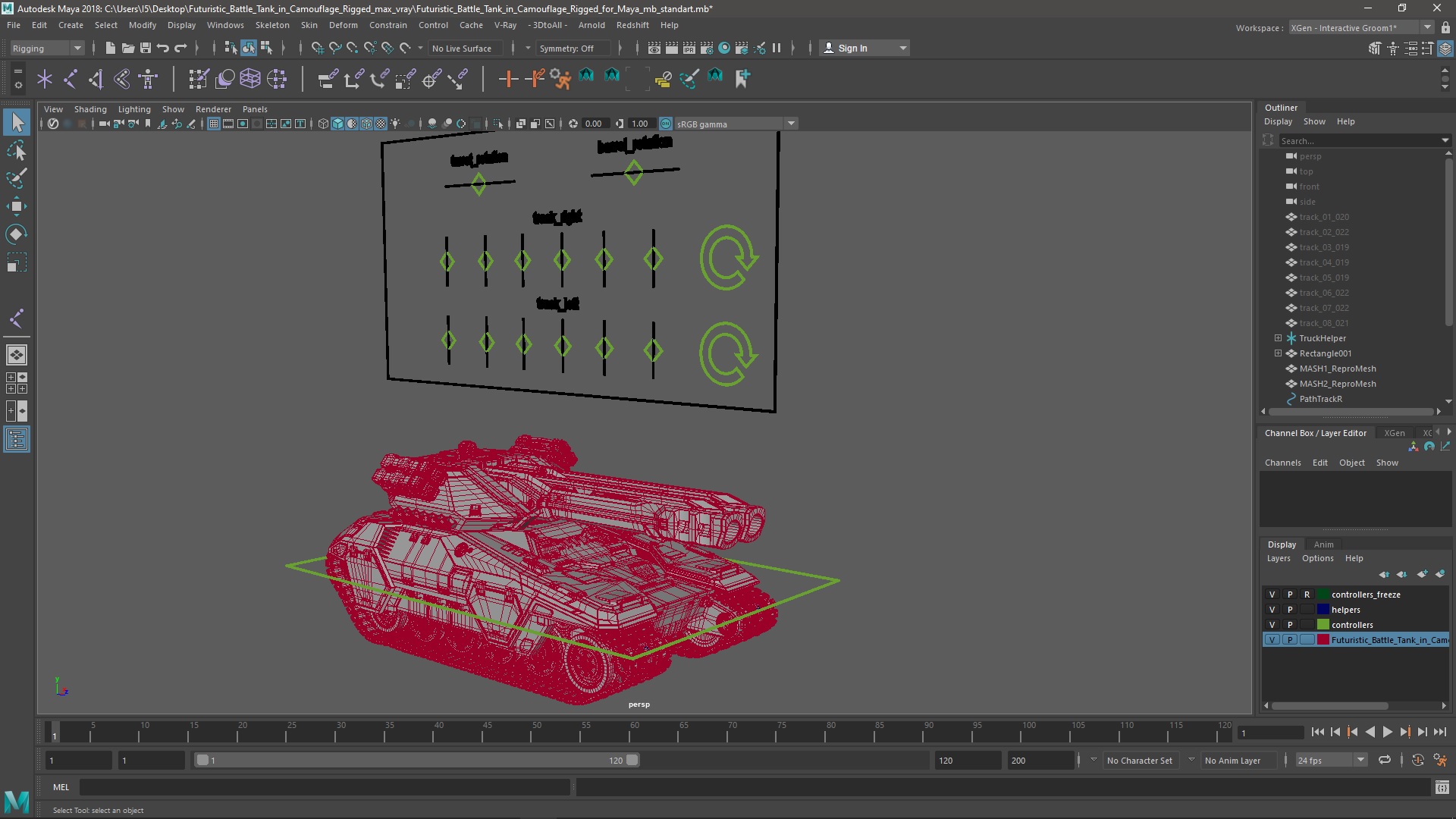 Futuristic Battle Tank in Camouflage Rigged for Maya 3D