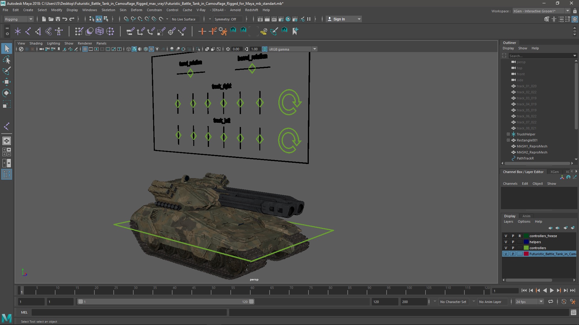 Futuristic Battle Tank in Camouflage Rigged for Maya 3D