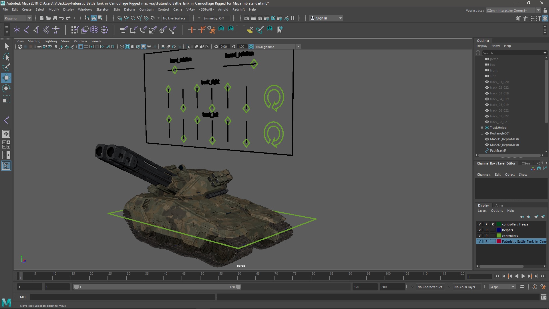 Futuristic Battle Tank in Camouflage Rigged for Maya 3D