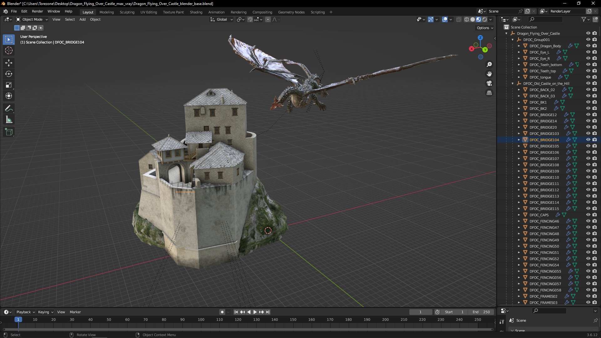 3D model Dragon Flying Over Castle
