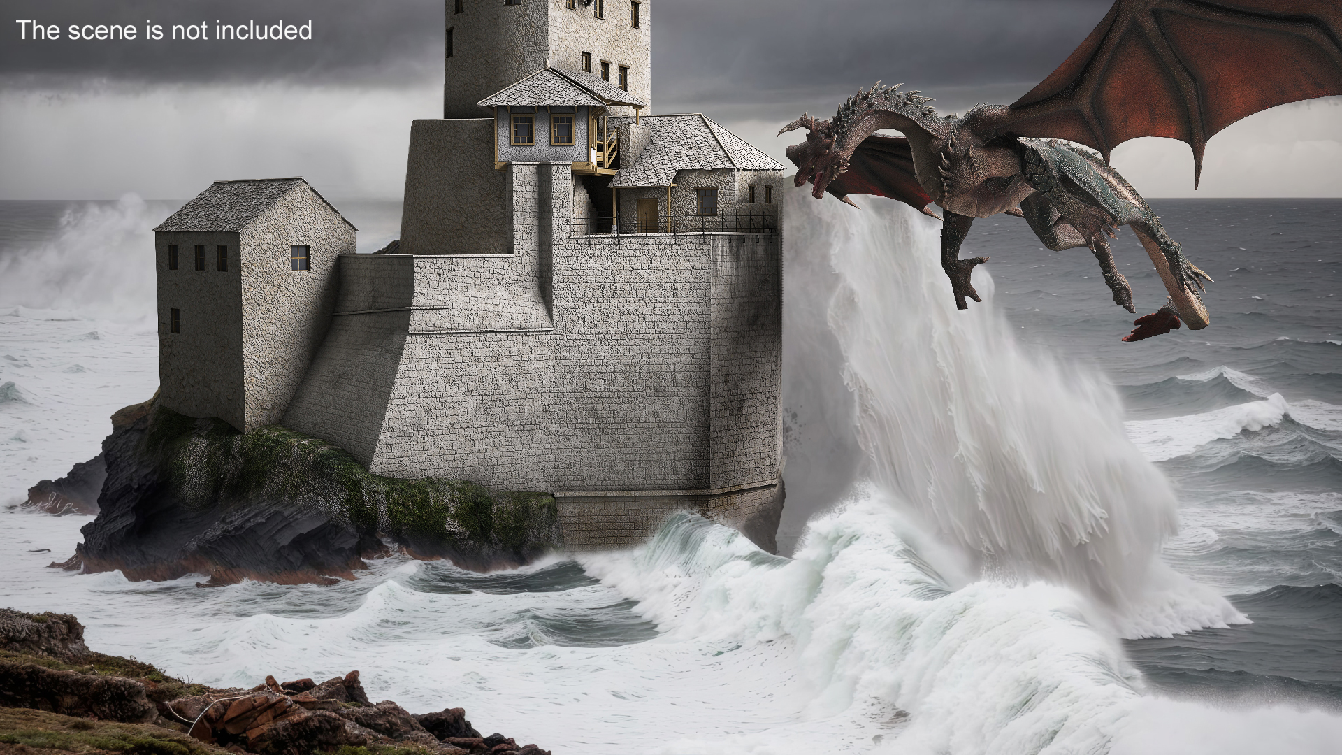 3D model Dragon Flying Over Castle