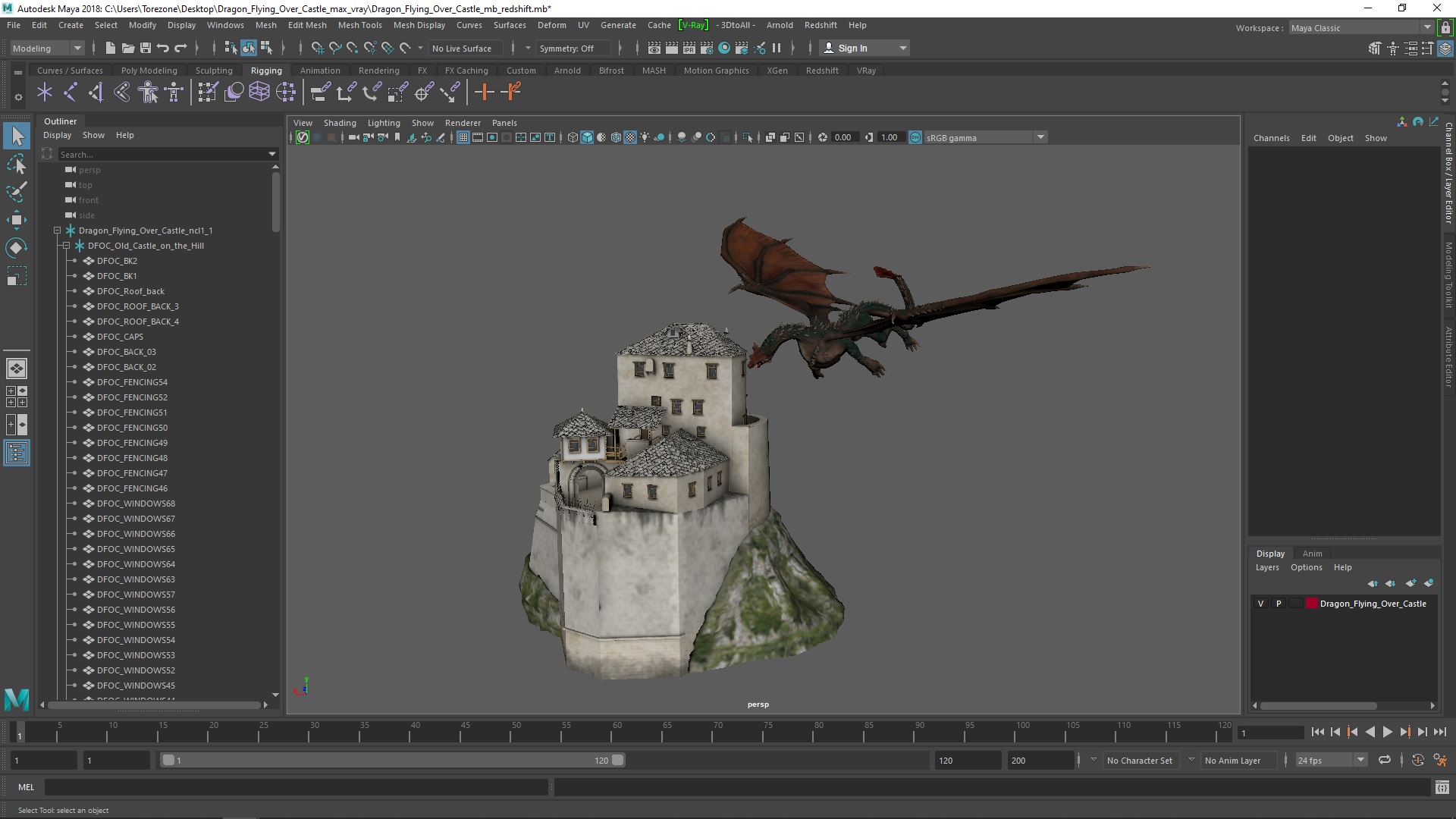3D model Dragon Flying Over Castle
