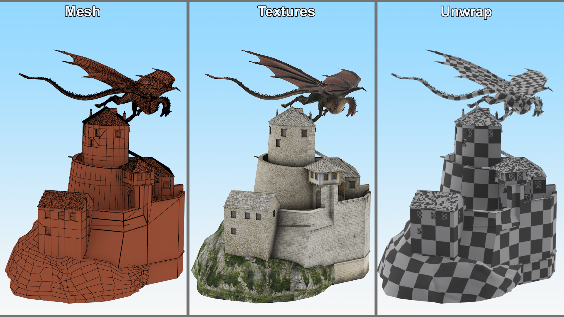3D model Dragon Flying Over Castle