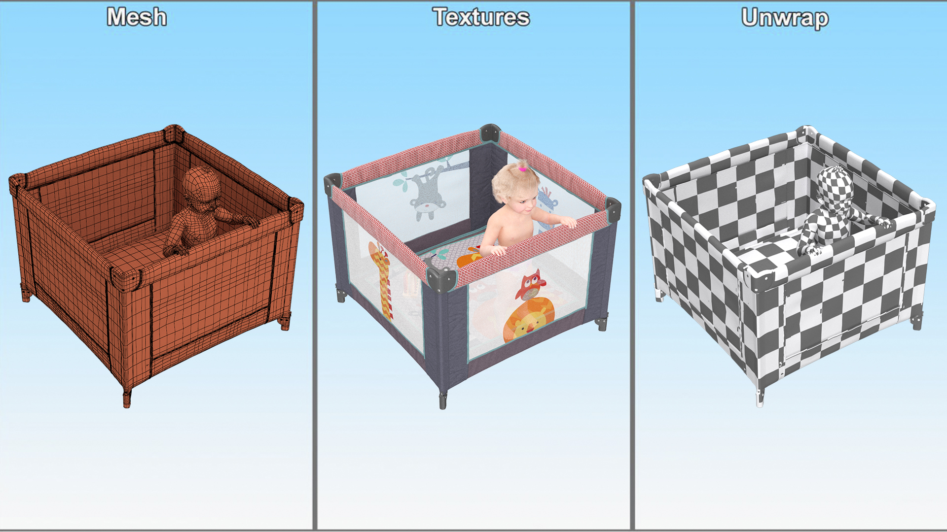 Baby Girl in Textile Playpen Fur Rigged 3D model