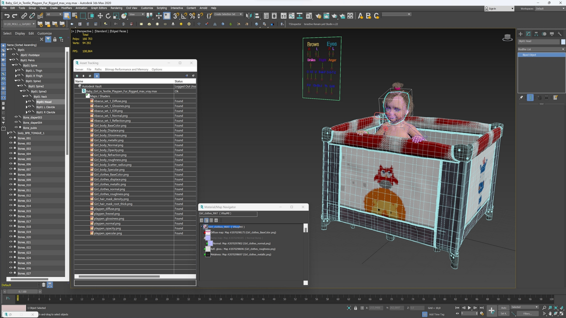 Baby Girl in Textile Playpen Fur Rigged 3D model