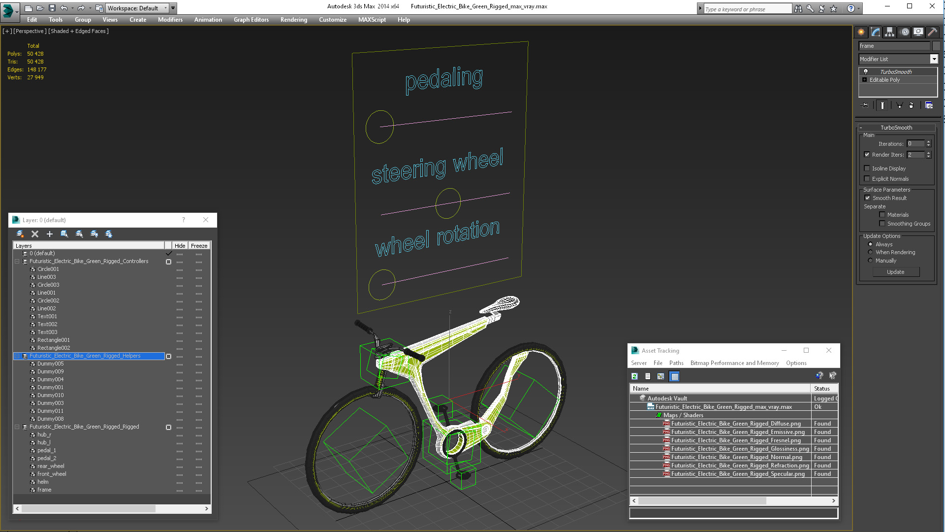 3D Futuristic Electric Bike Green Rigged for Maya