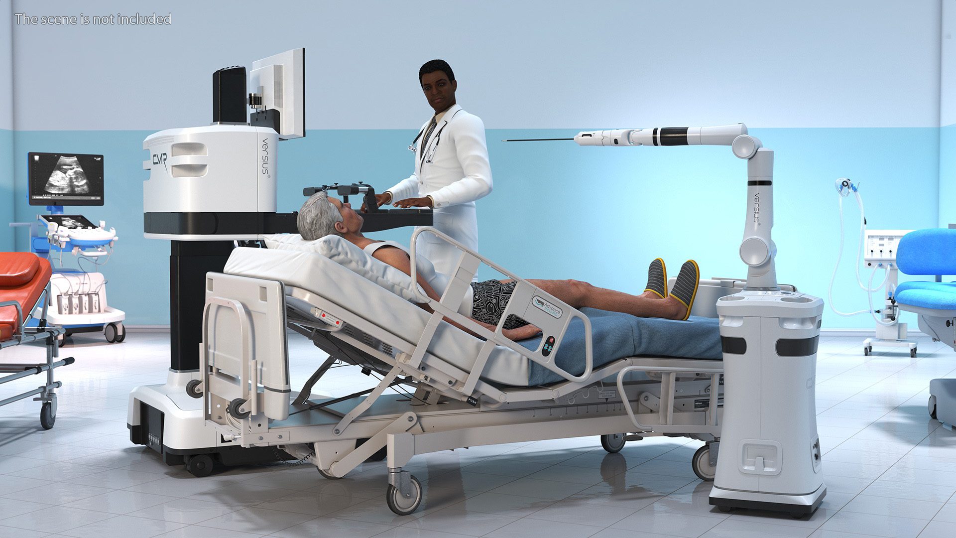 3D model Versius CMR Surgical with Patient on Hospital Bed and Doctor