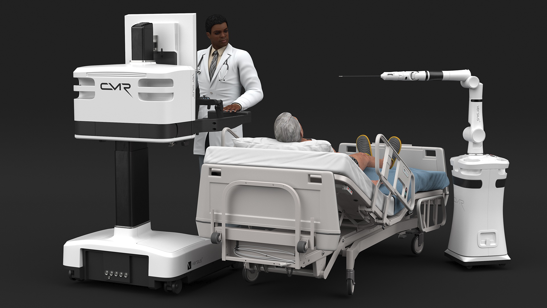 3D model Versius CMR Surgical with Patient on Hospital Bed and Doctor