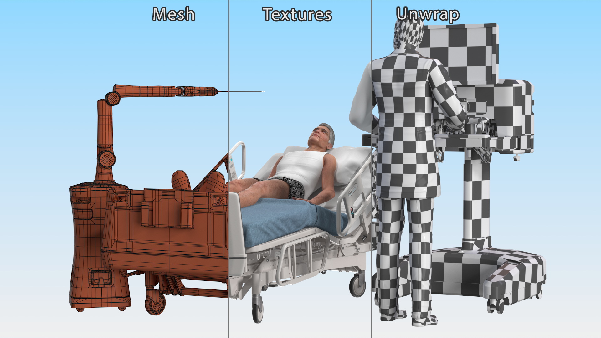 3D model Versius CMR Surgical with Patient on Hospital Bed and Doctor