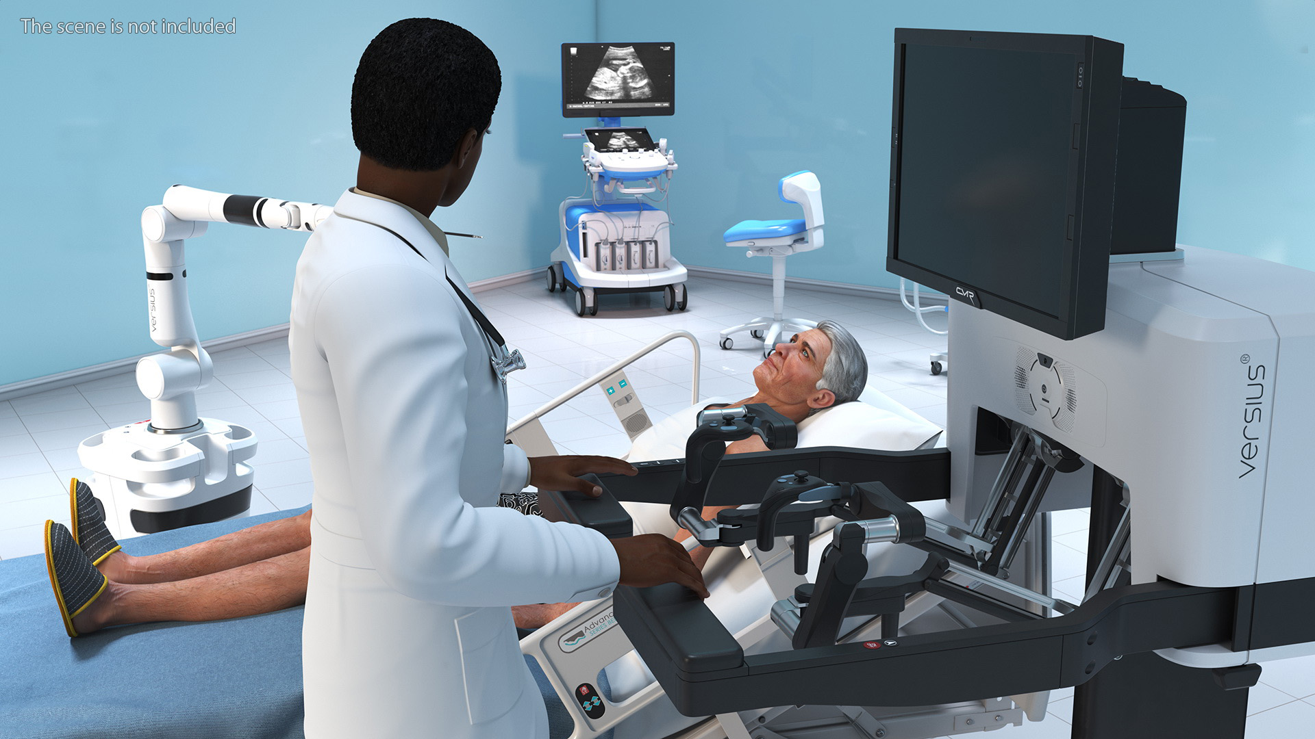 3D model Versius CMR Surgical with Patient on Hospital Bed and Doctor