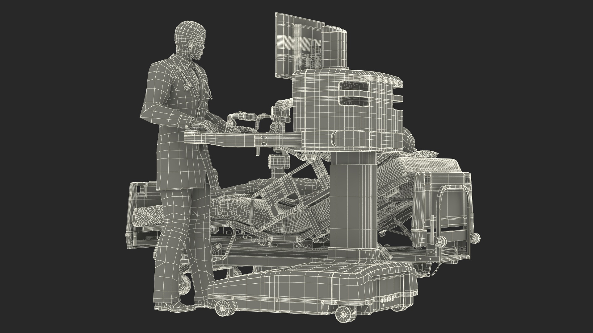 3D model Versius CMR Surgical with Patient on Hospital Bed and Doctor