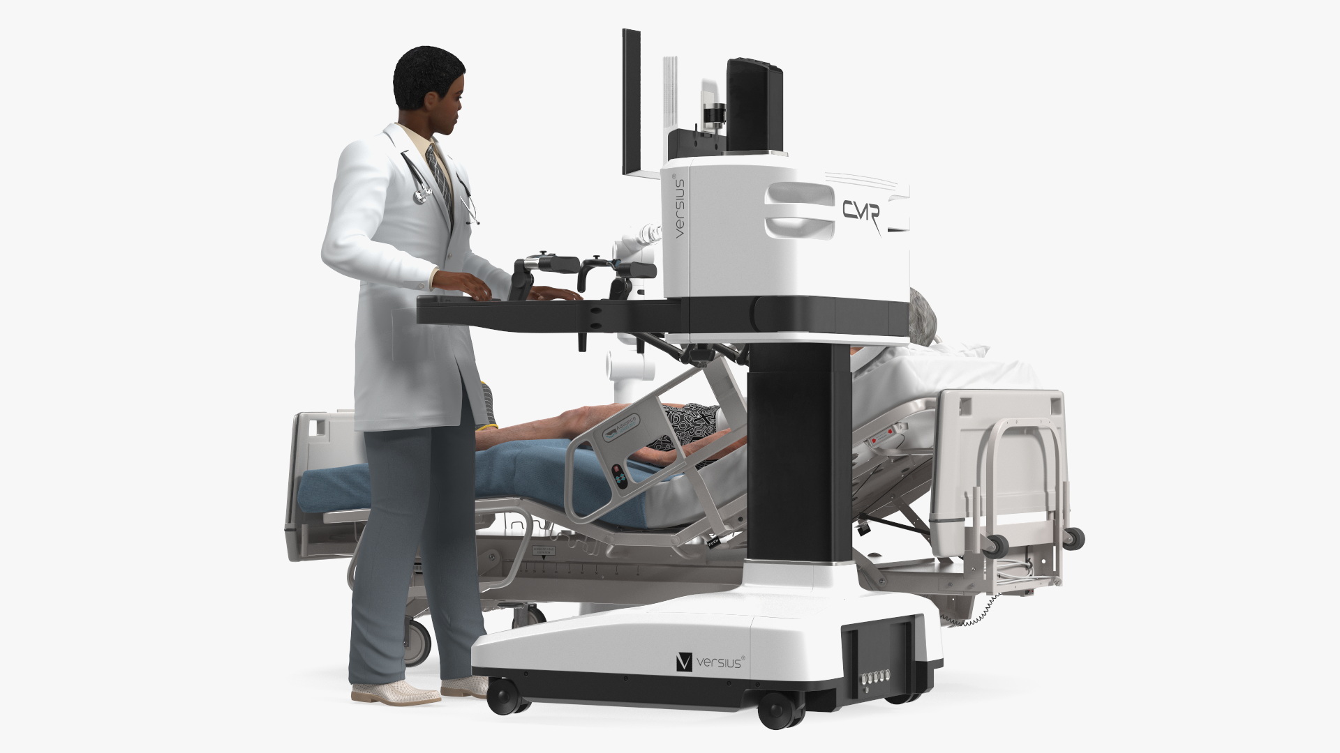 3D model Versius CMR Surgical with Patient on Hospital Bed and Doctor