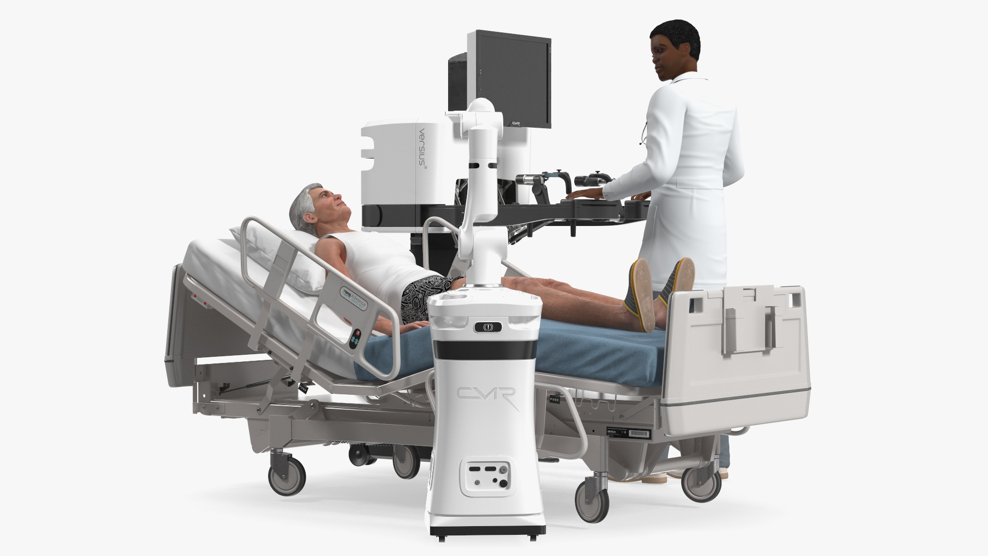 3D model Versius CMR Surgical with Patient on Hospital Bed and Doctor