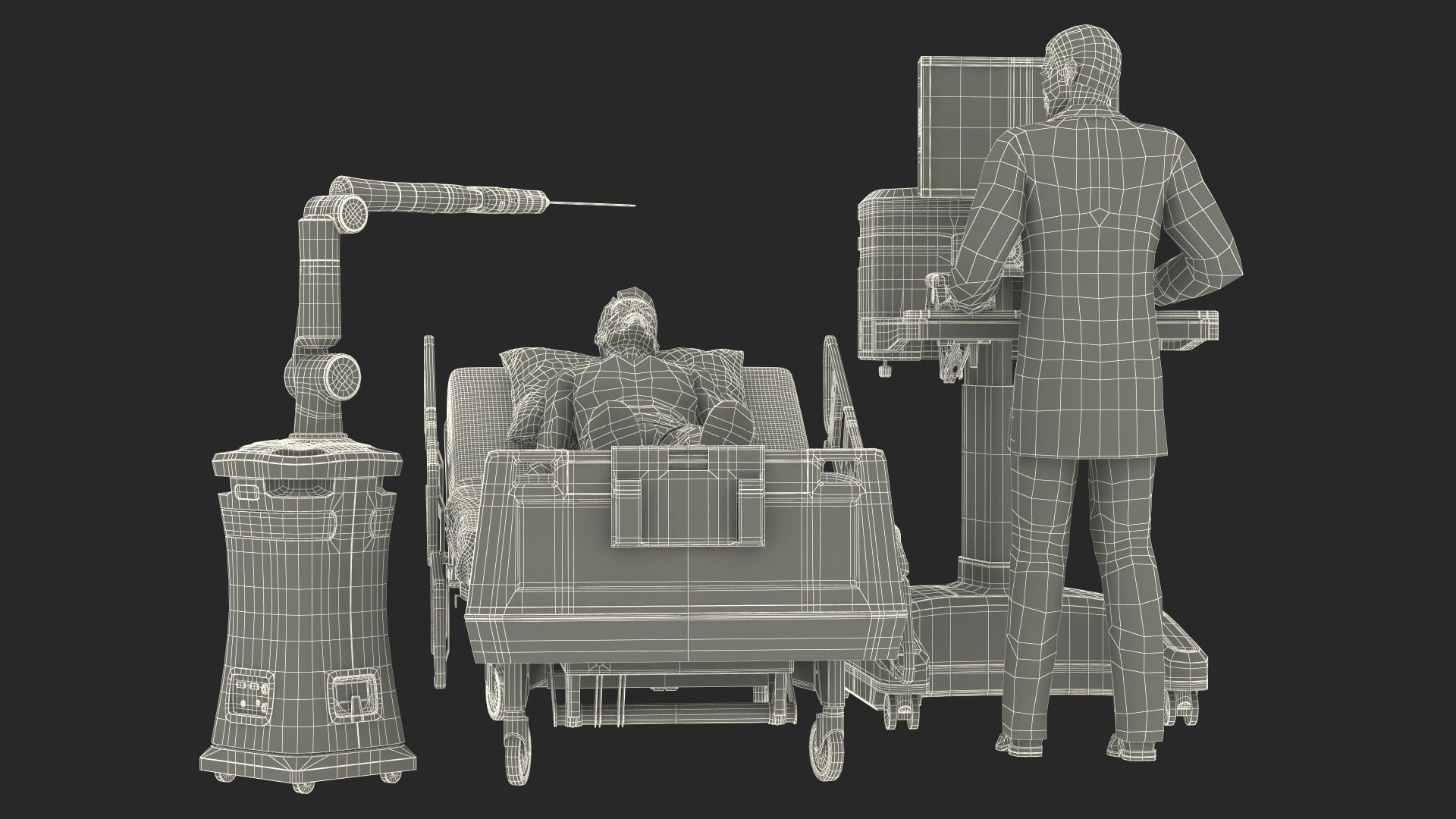 3D model Versius CMR Surgical with Patient on Hospital Bed and Doctor