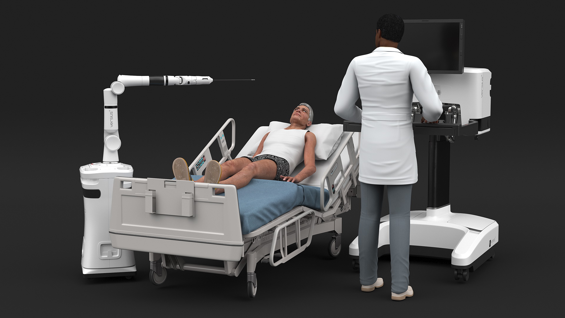 3D model Versius CMR Surgical with Patient on Hospital Bed and Doctor