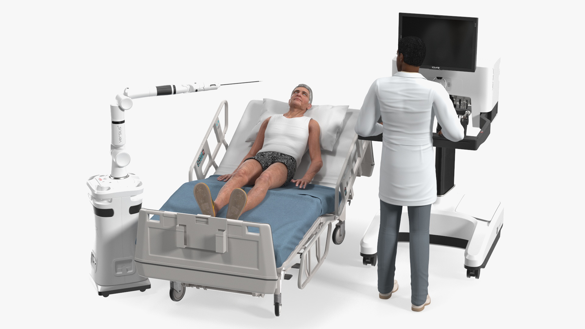 3D model Versius CMR Surgical with Patient on Hospital Bed and Doctor