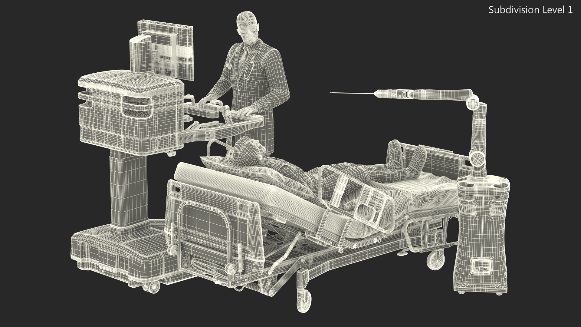 3D model Versius CMR Surgical with Patient on Hospital Bed and Doctor
