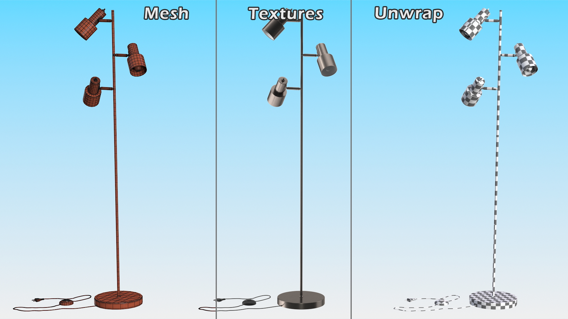 Floor Lamp with Three Shades Metal 3D model
